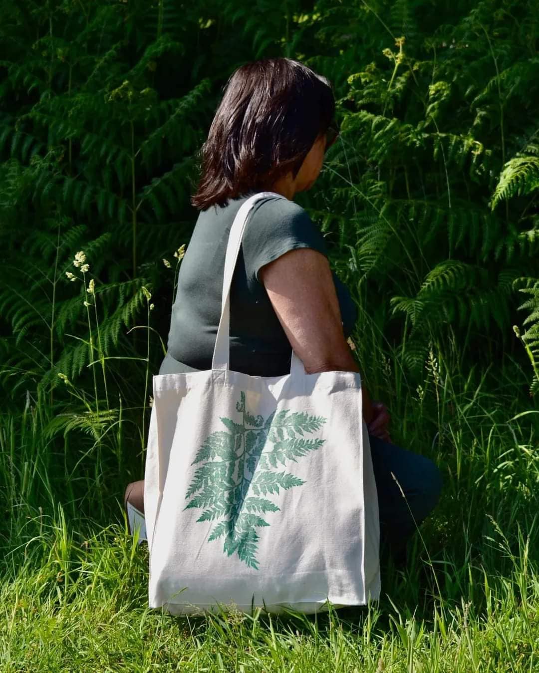 Hand printed lino print 100% organic fair trade fern nature whimsygoth cottagecore forestcore fairycore 10 oz flat base totebag fashion bag