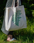 Hand printed lino print 100% organic fair trade fern nature whimsygoth cottagecore forestcore fairycore 10 oz flat base totebag fashion bag