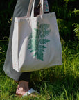 Hand printed lino print 100% organic fair trade fern nature whimsygoth cottagecore forestcore fairycore 10 oz flat base totebag fashion bag