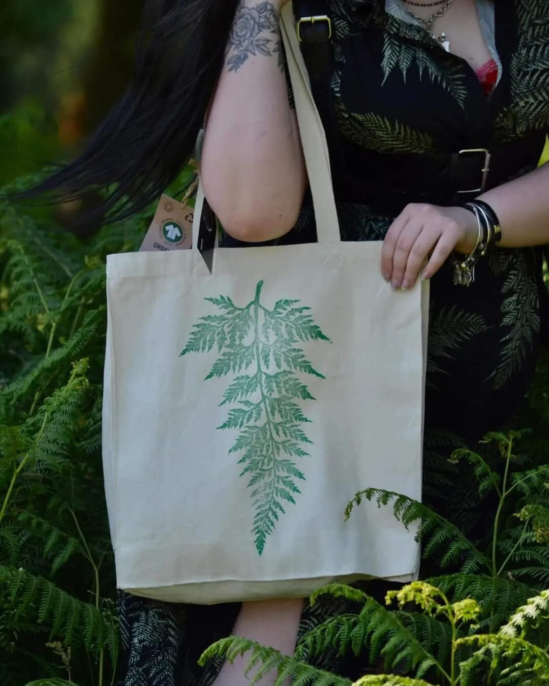Hand printed lino print 100% organic fair trade fern nature whimsygoth cottagecore forestcore fairycore 10 oz flat base totebag fashion bag