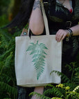 Hand printed lino print 100% organic fair trade fern nature whimsygoth cottagecore forestcore fairycore 10 oz flat base totebag fashion bag