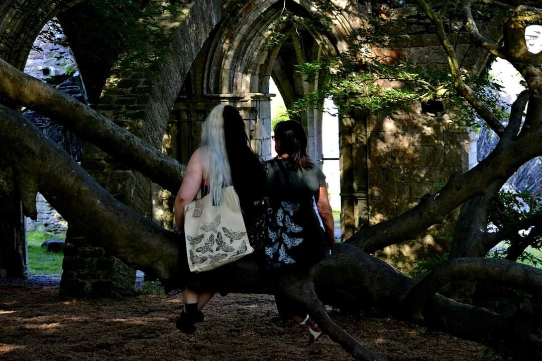 Hand printed lino print 100% organic fairtrade deathhead moth or butterfly gothic cottagecore forestcore fairycore 10 oz flat base totebag