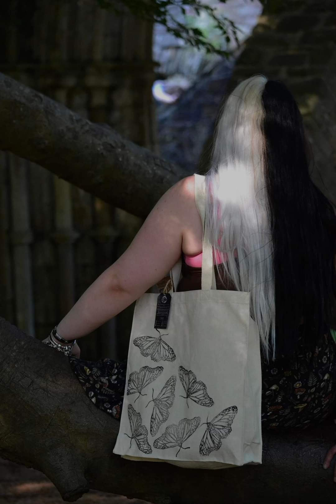 Hand printed lino print 100% organic fairtrade deathhead moth or butterfly gothic cottagecore forestcore fairycore 10 oz flat base totebag