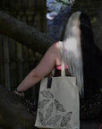 Hand printed lino print 100% organic fairtrade deathhead moth or butterfly gothic cottagecore forestcore fairycore 10 oz flat base totebag