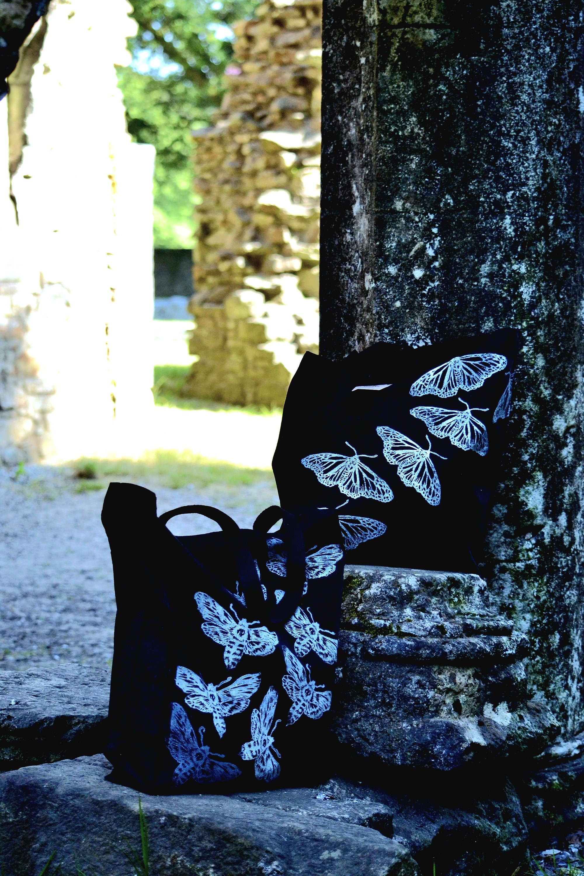 Hand printed lino print 100% organic fairtrade deathhead moth or butterfly gothic cottagecore forestcore fairycore 10 oz flat base totebag