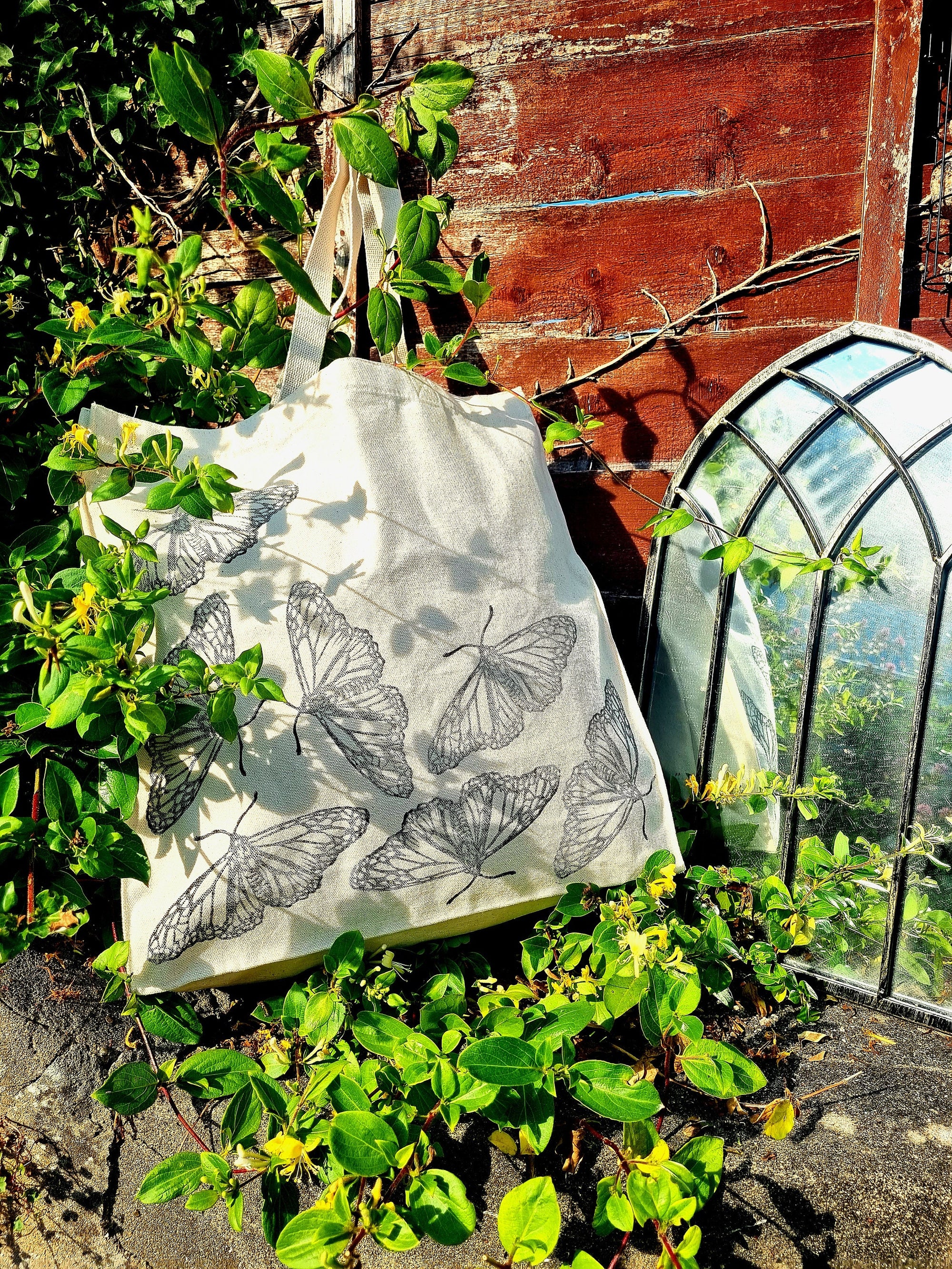 Hand printed lino print 100% organic fairtrade deathhead moth or butterfly gothic cottagecore forestcore fairycore 10 oz flat base totebag