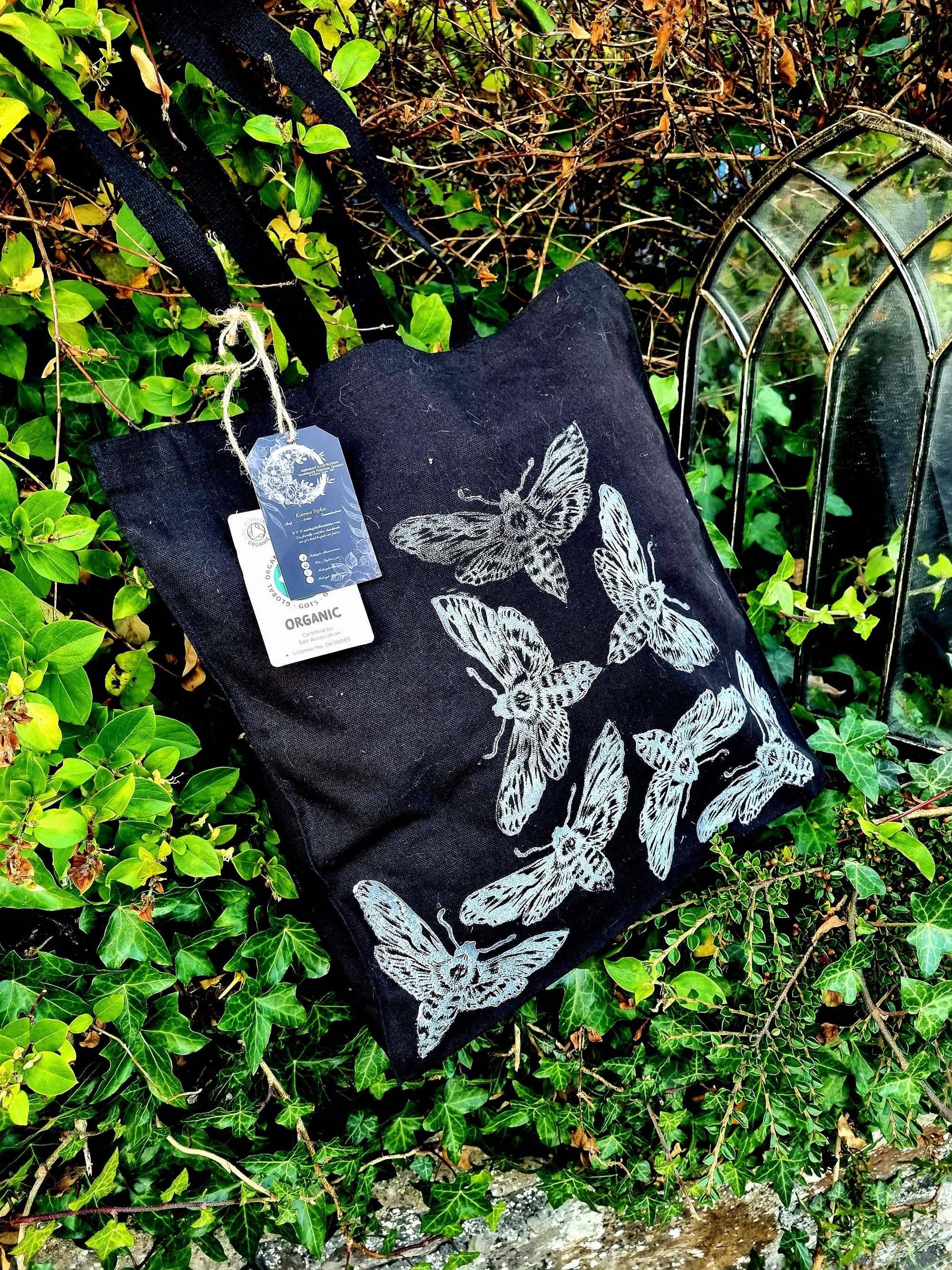 Hand printed lino print 100% organic fairtrade deathhead moth or butterfly gothic cottagecore forestcore fairycore 10 oz flat base totebag