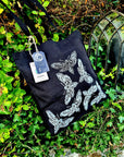 Hand printed lino print 100% organic fairtrade deathhead moth or butterfly gothic cottagecore forestcore fairycore 10 oz flat base totebag