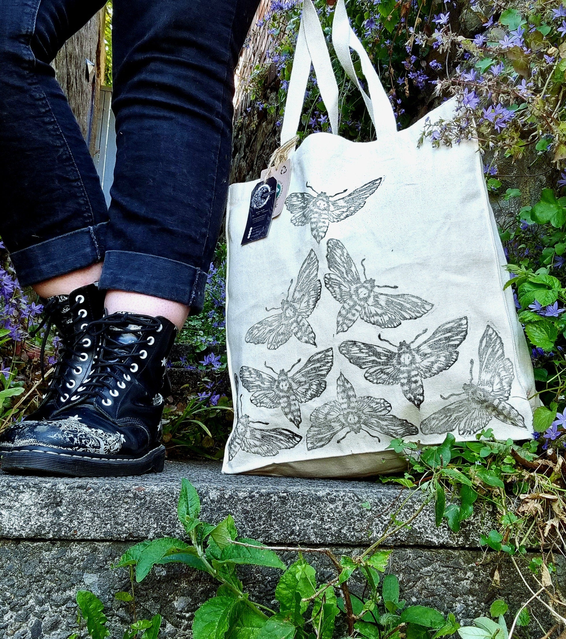 Hand printed lino print 100% organic fairtrade deathhead moth or butterfly gothic cottagecore forestcore fairycore 10 oz flat base totebag