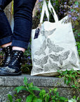 Hand printed lino print 100% organic fairtrade deathhead moth or butterfly gothic cottagecore forestcore fairycore 10 oz flat base totebag