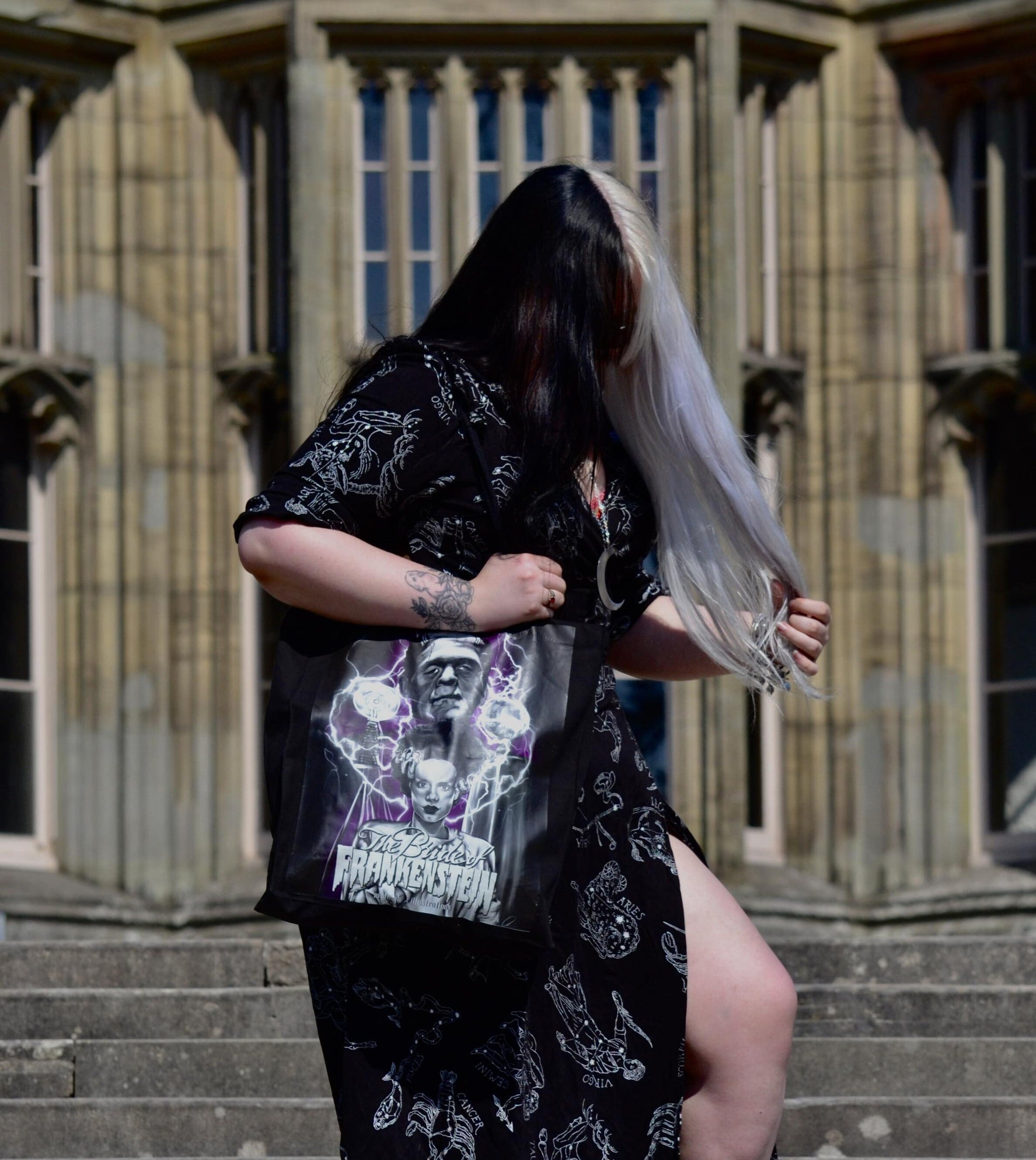 Handpressed unique illustrated art Bride of frankenstine 100% organic fair trade whimsygoth horror gothic 10oz flat base totebag fashion bag