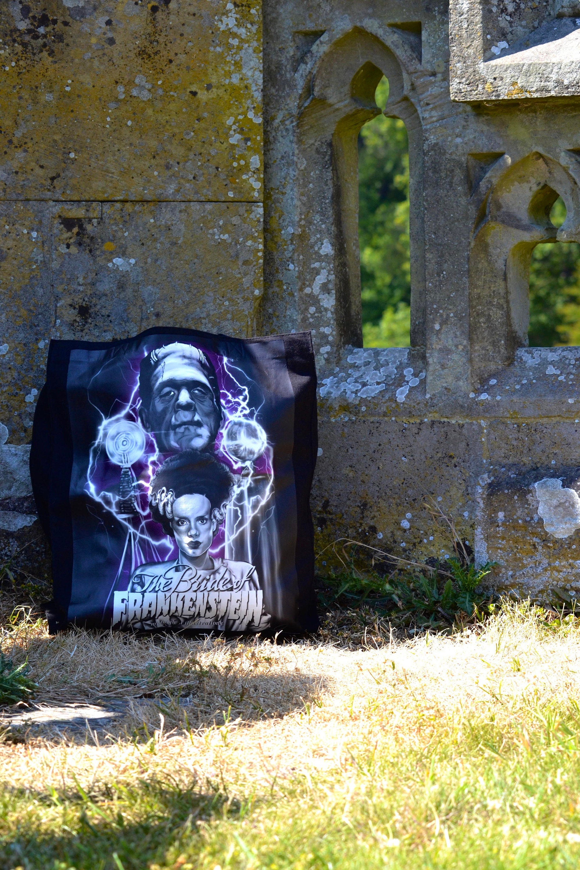 Handpressed unique illustrated art Bride of frankenstine 100% organic fair trade whimsygoth horror gothic 10oz flat base totebag fashion bag