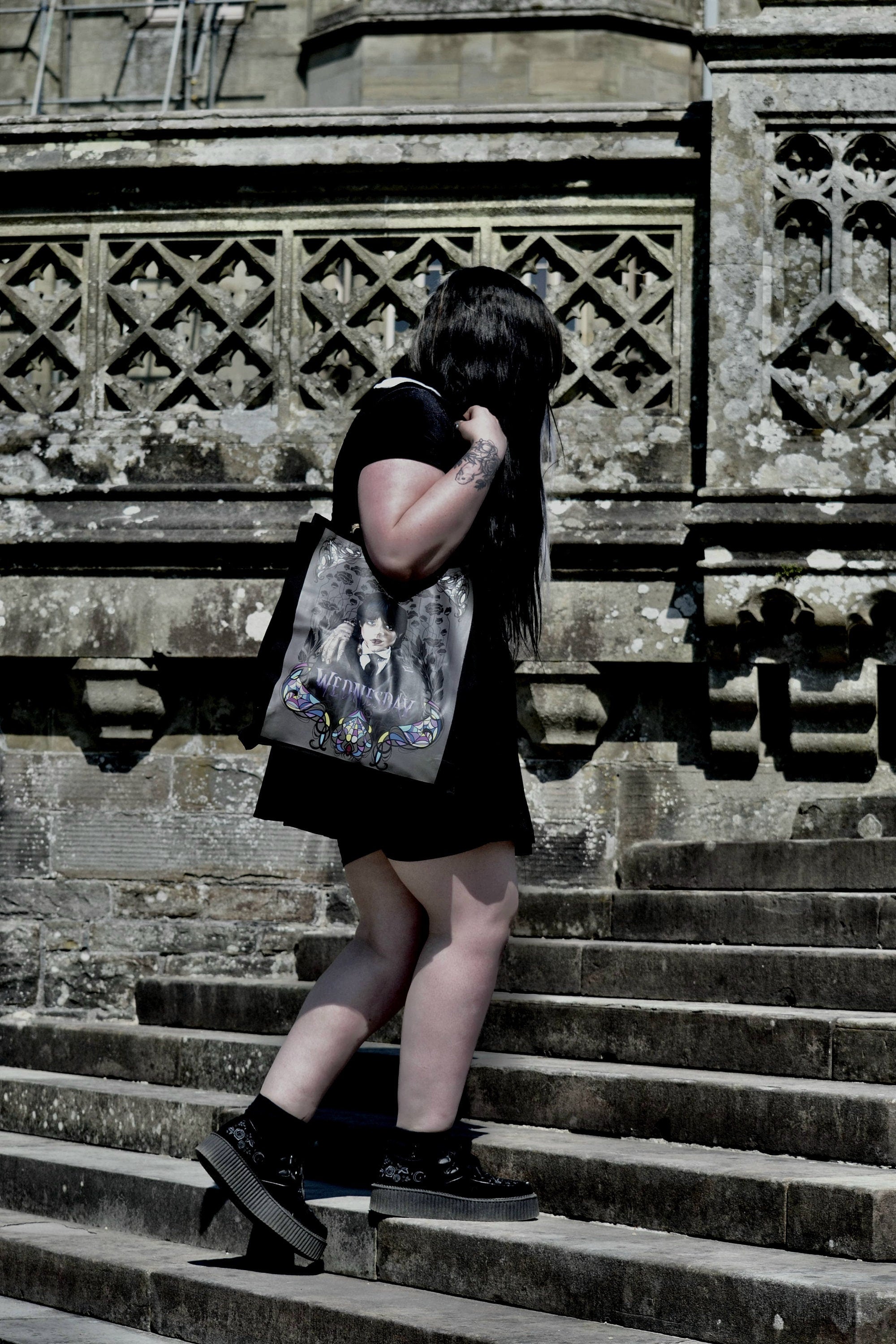 Handpressed unique art drawing wednesday addams halloween 100% organic fairtrade whimsygoth horror gothic 10oz flat base totebag fashion bag