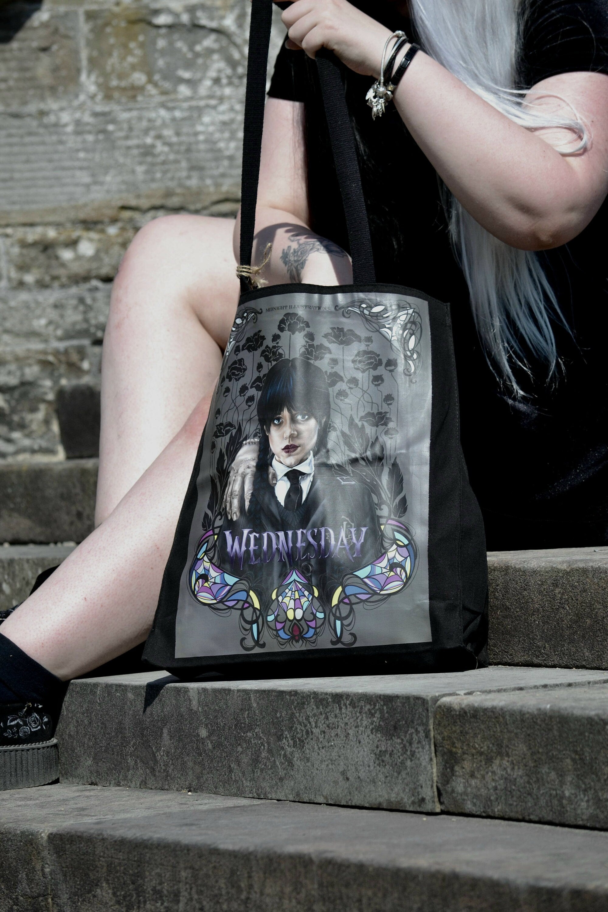 Handpressed unique art drawing wednesday addams halloween 100% organic fairtrade whimsygoth horror gothic 10oz flat base totebag fashion bag