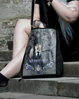 Handpressed unique art drawing wednesday addams halloween 100% organic fairtrade whimsygoth horror gothic 10oz flat base totebag fashion bag