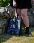 Handpressed unique art drawing wednesday addams halloween 100% organic fairtrade whimsygoth horror gothic 10oz flat base totebag fashion bag