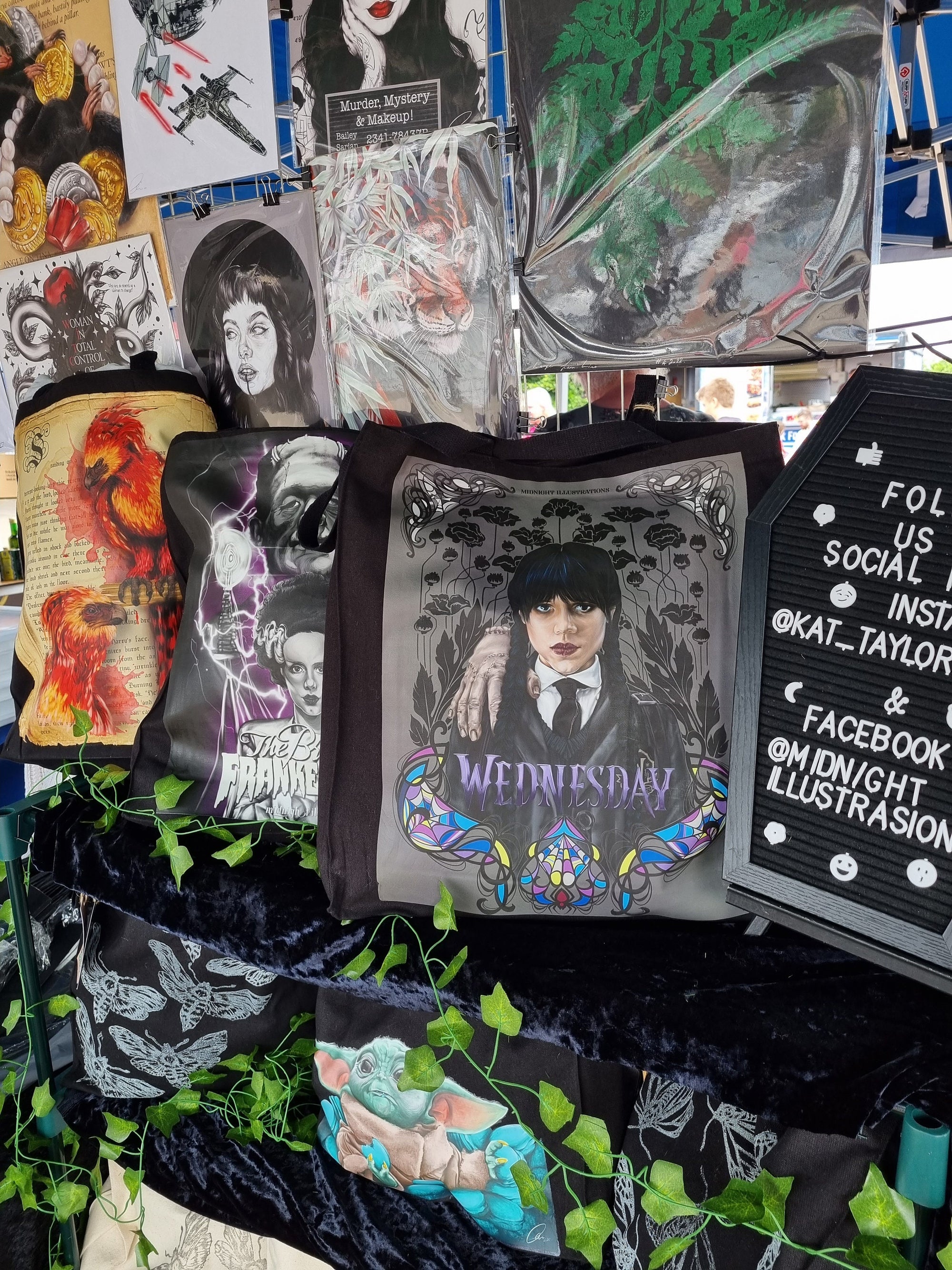 Handpressed unique art drawing wednesday addams halloween 100% organic fairtrade whimsygoth horror gothic 10oz flat base totebag fashion bag