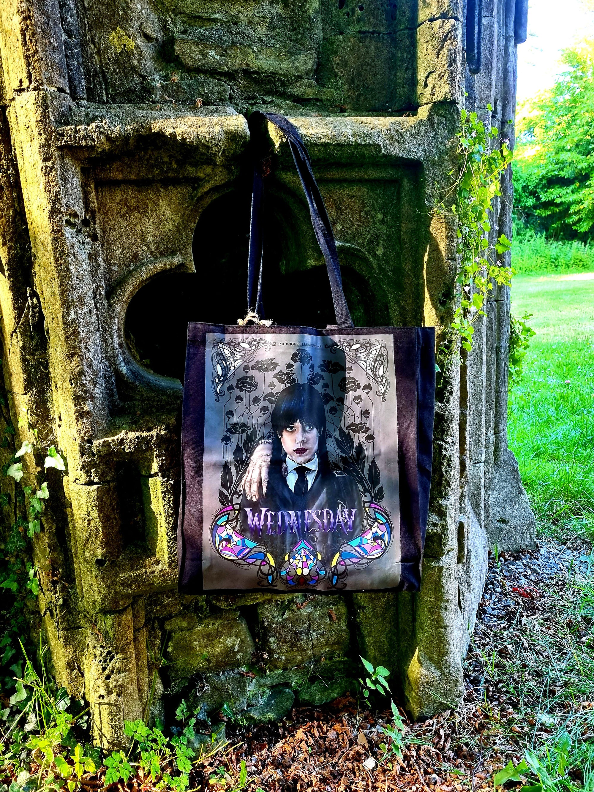 Handpressed unique art drawing wednesday addams halloween 100% organic fairtrade whimsygoth horror gothic 10oz flat base totebag fashion bag