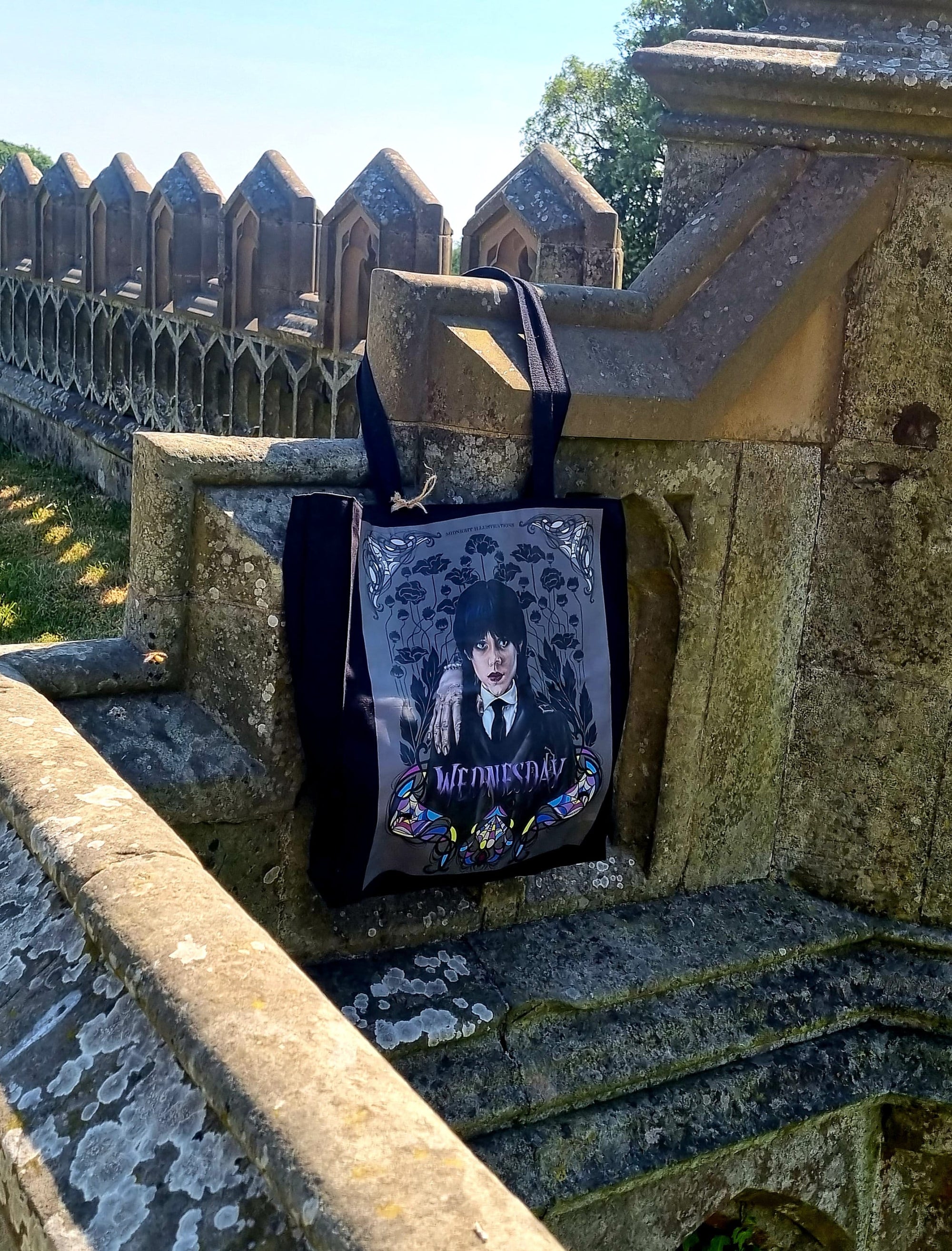 Handpressed unique art drawing wednesday addams halloween 100% organic fairtrade whimsygoth horror gothic 10oz flat base totebag fashion bag