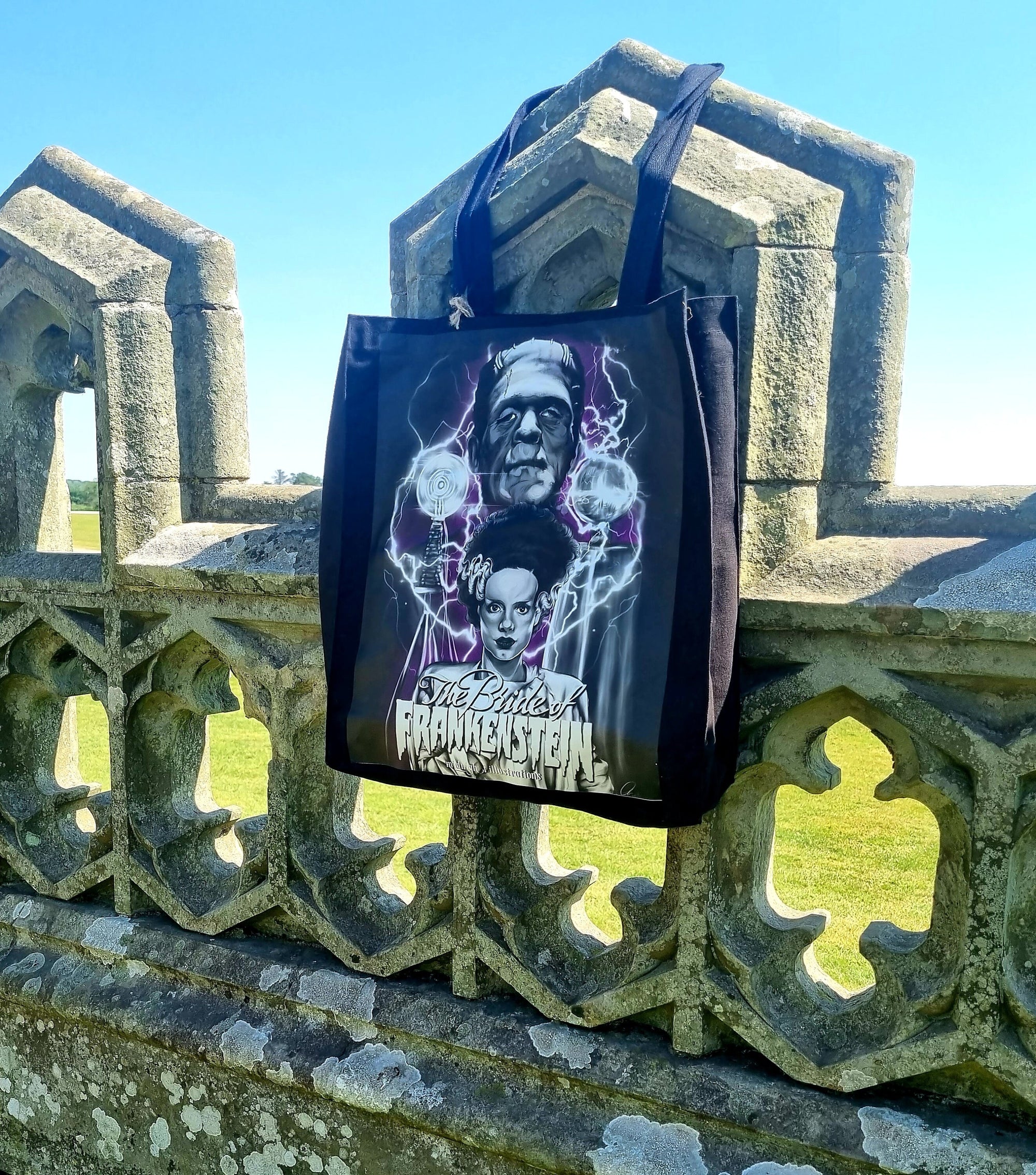 Handpressed unique illustrated art Bride of frankenstine 100% organic fair trade whimsygoth horror gothic 10oz flat base totebag fashion bag