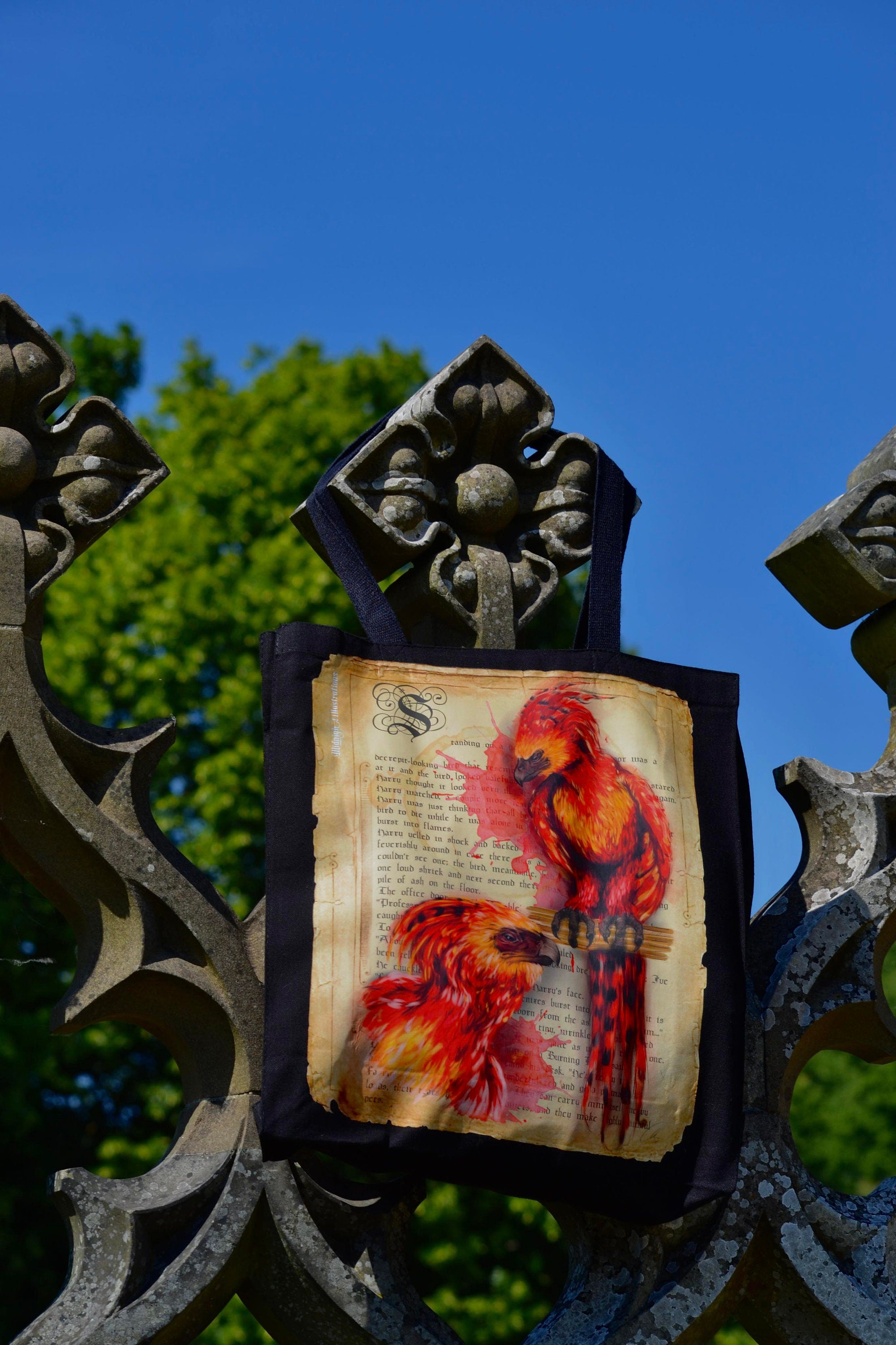 Handpressed unique art drawing harry potter fawkws phoenix magical creature 100% organic fairtrade gothic 10oz flat base totebag fashion bag