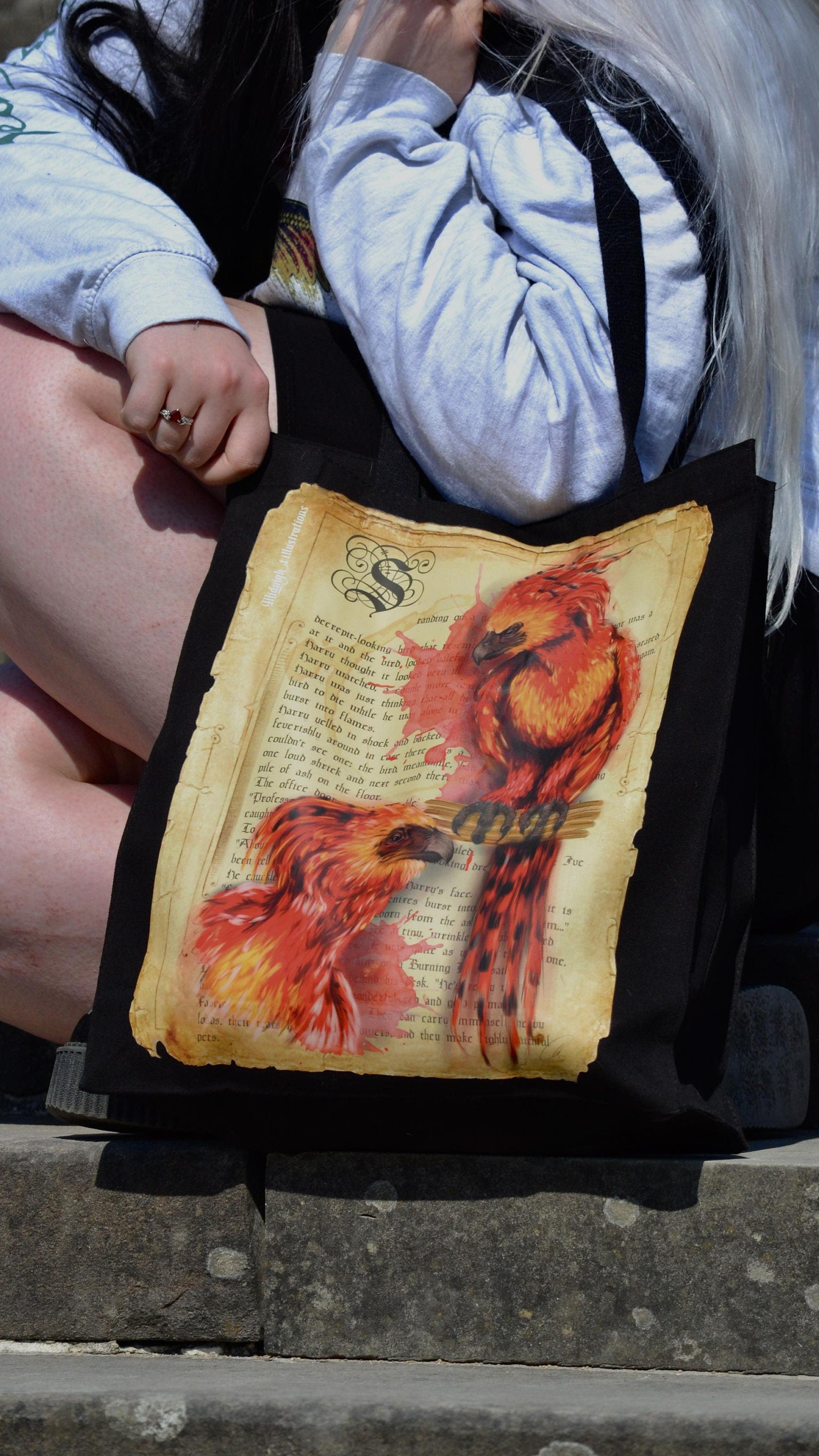 Handpressed unique art drawing harry potter fawkws phoenix magical creature 100% organic fairtrade gothic 10oz flat base totebag fashion bag