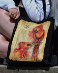Handpressed unique art drawing harry potter fawkws phoenix magical creature 100% organic fairtrade gothic 10oz flat base totebag fashion bag
