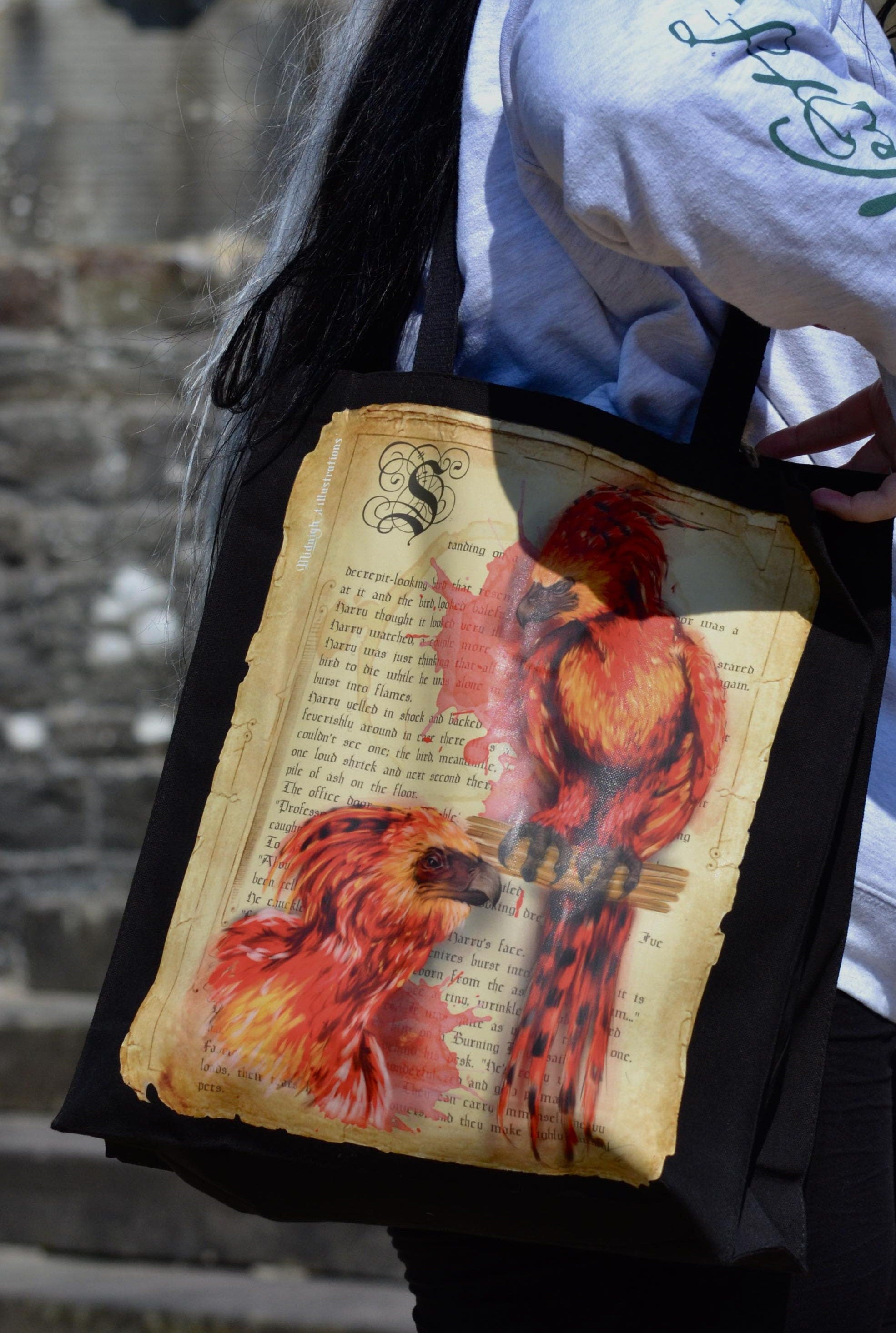 Handpressed unique art drawing harry potter fawkws phoenix magical creature 100% organic fairtrade gothic 10oz flat base totebag fashion bag