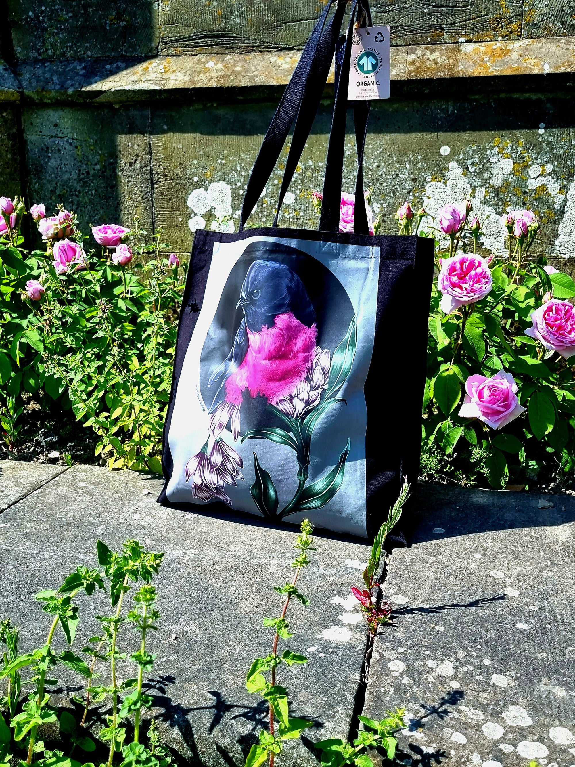 Handpressed unique pink robin art drawing illustration pink bird nature 100% organic fairtrade fairycore 10oz flat base totebag fashion bag