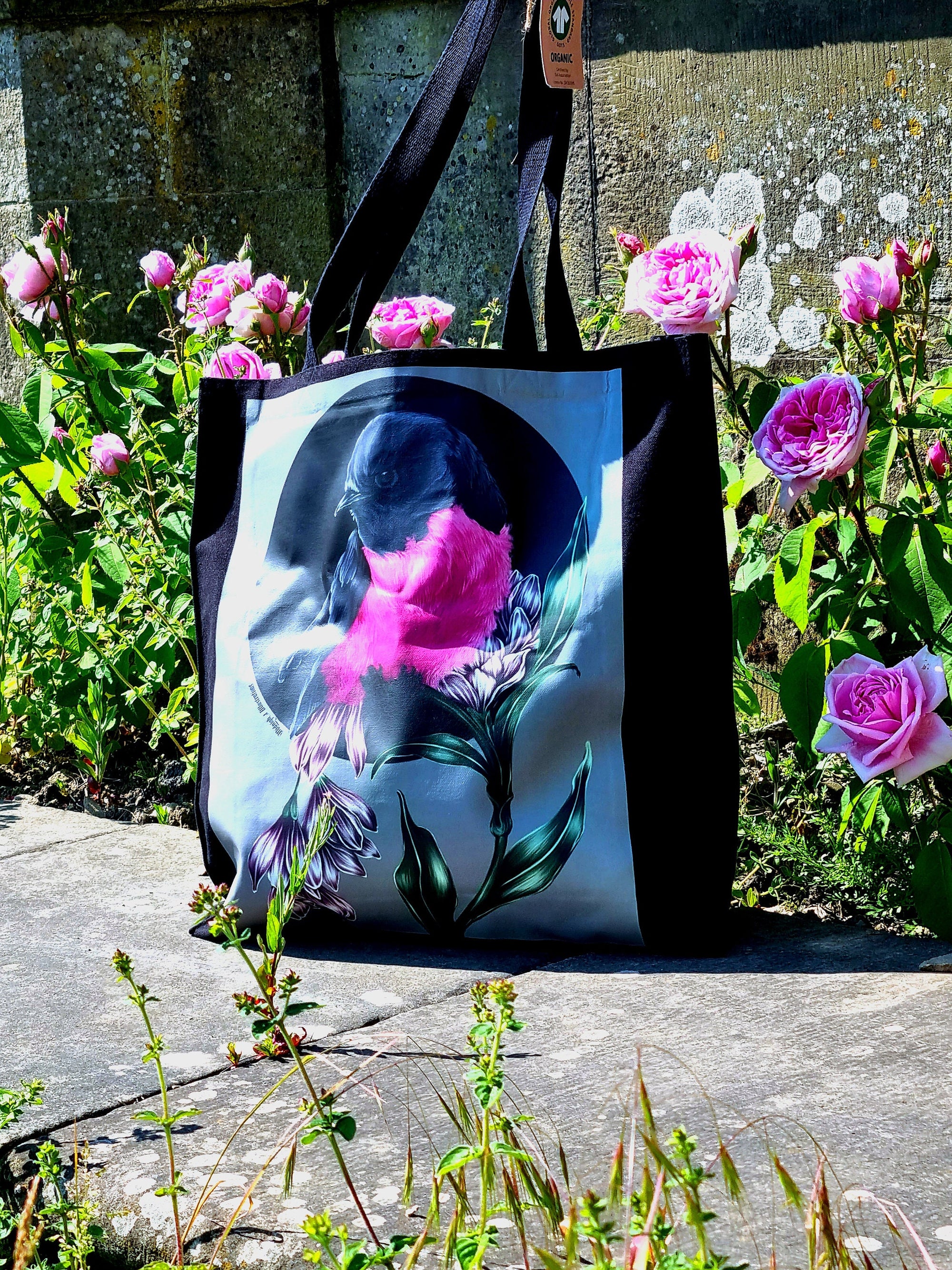 Handpressed unique pink robin art drawing illustration pink bird nature 100% organic fairtrade fairycore 10oz flat base totebag fashion bag