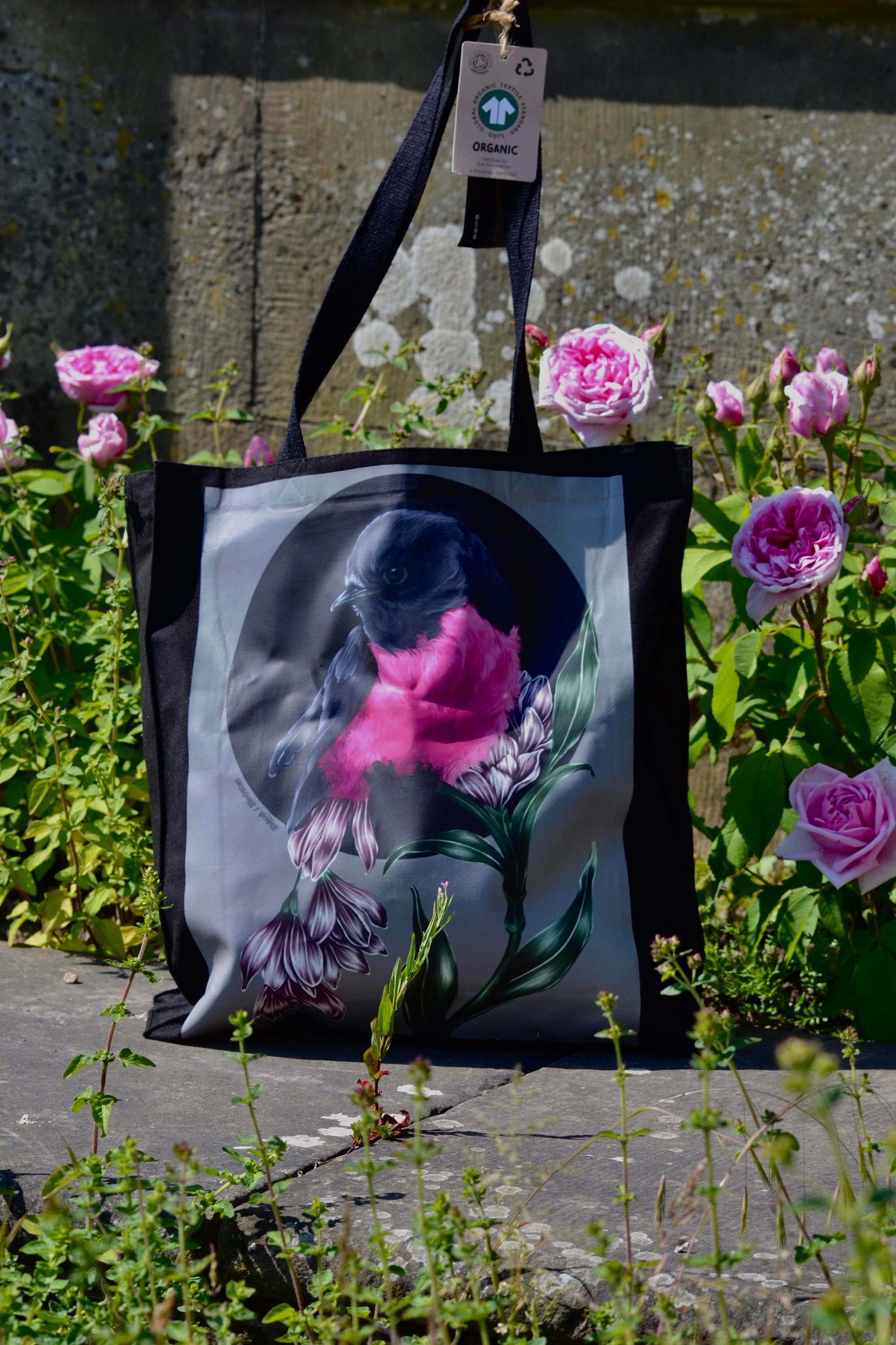 Handpressed unique pink robin art drawing illustration pink bird nature 100% organic fairtrade fairycore 10oz flat base totebag fashion bag