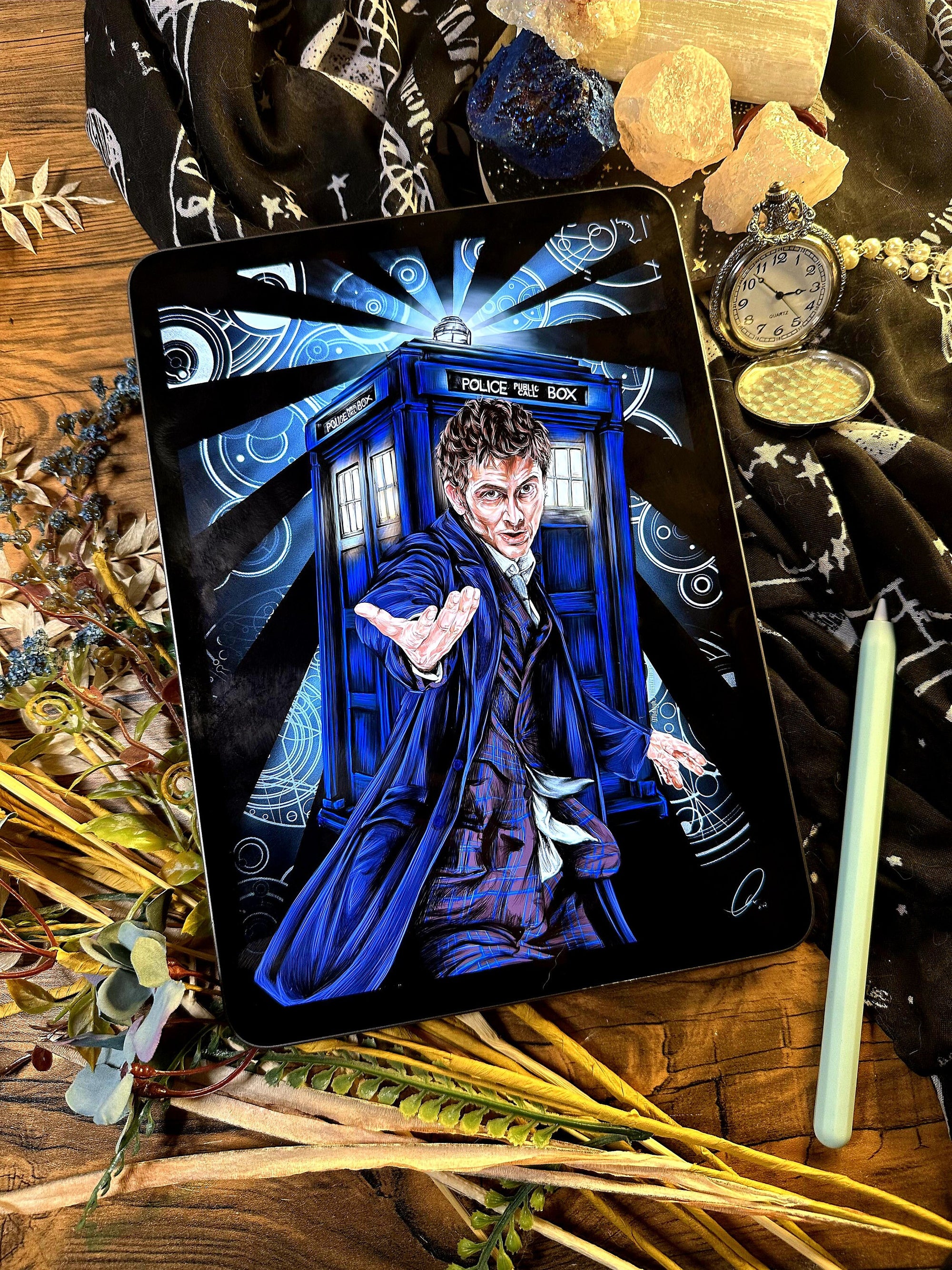 Doctor who 60th anniversary inspired hand drawn wall art art print illustration poster 14th doctor tardis David tennant galaffray artwork
