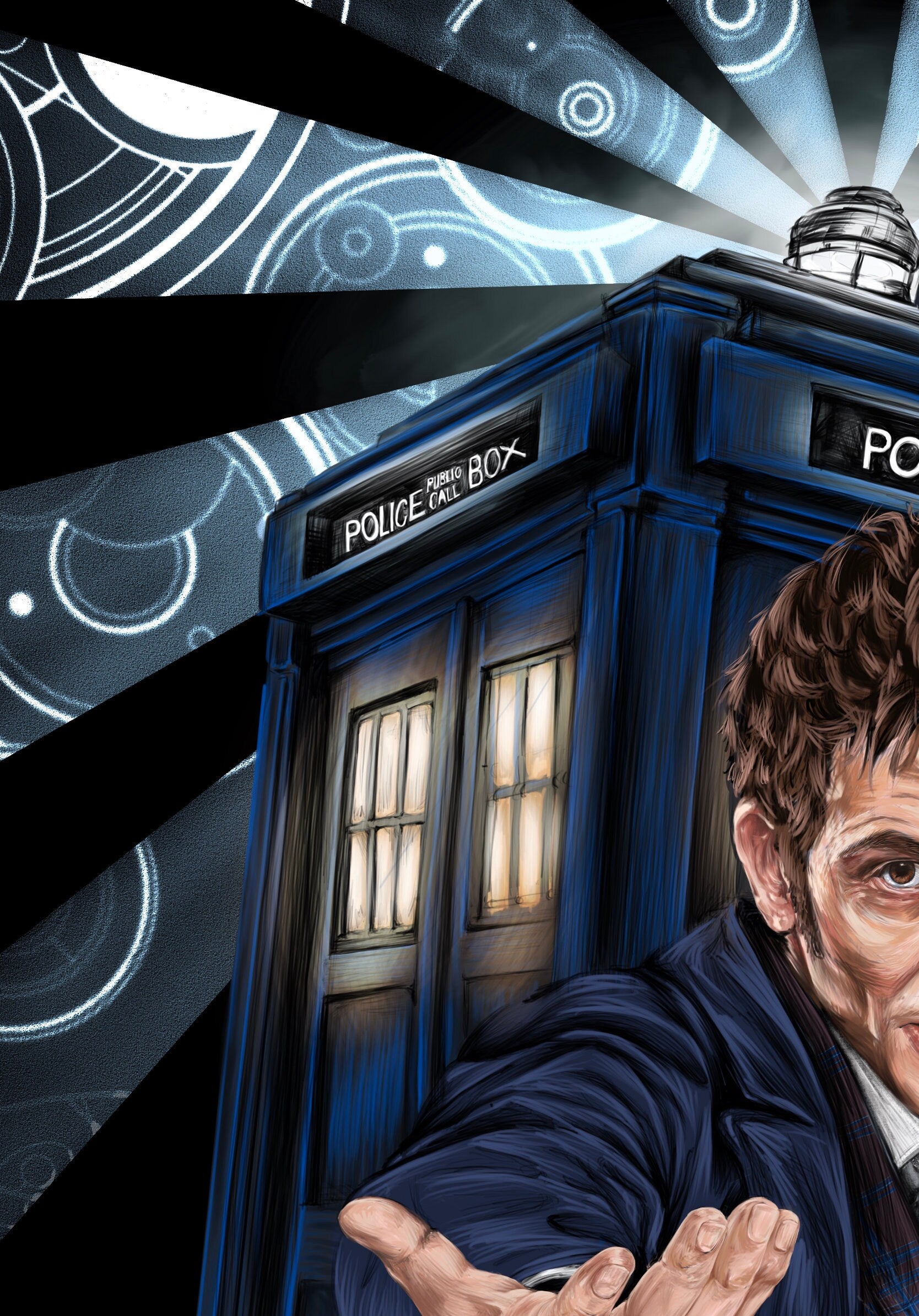 Doctor who 60th anniversary inspired hand drawn wall art art print illustration poster 14th doctor tardis David tennant galaffray artwork