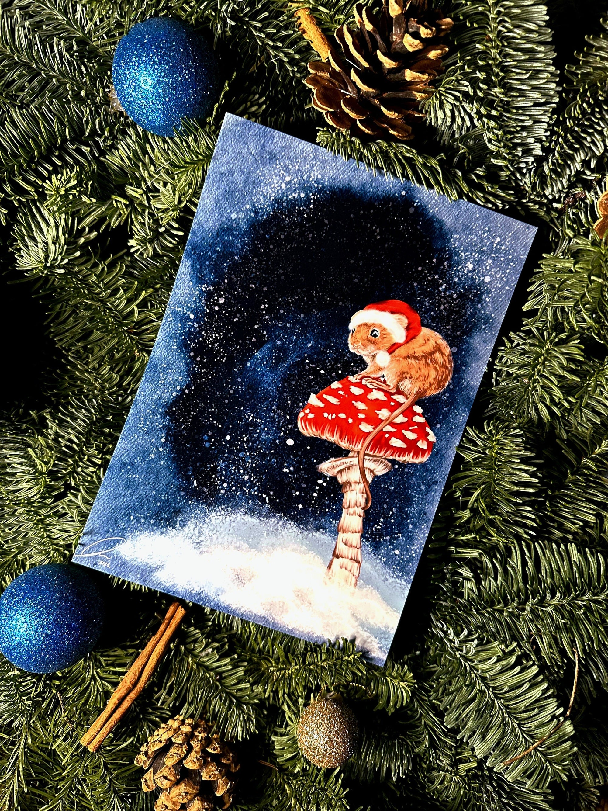 Winter snowy Christmas brown mouse on a mushroom art print illustration art decor wall decor mouse art forestcore mushroomcore cottagecore