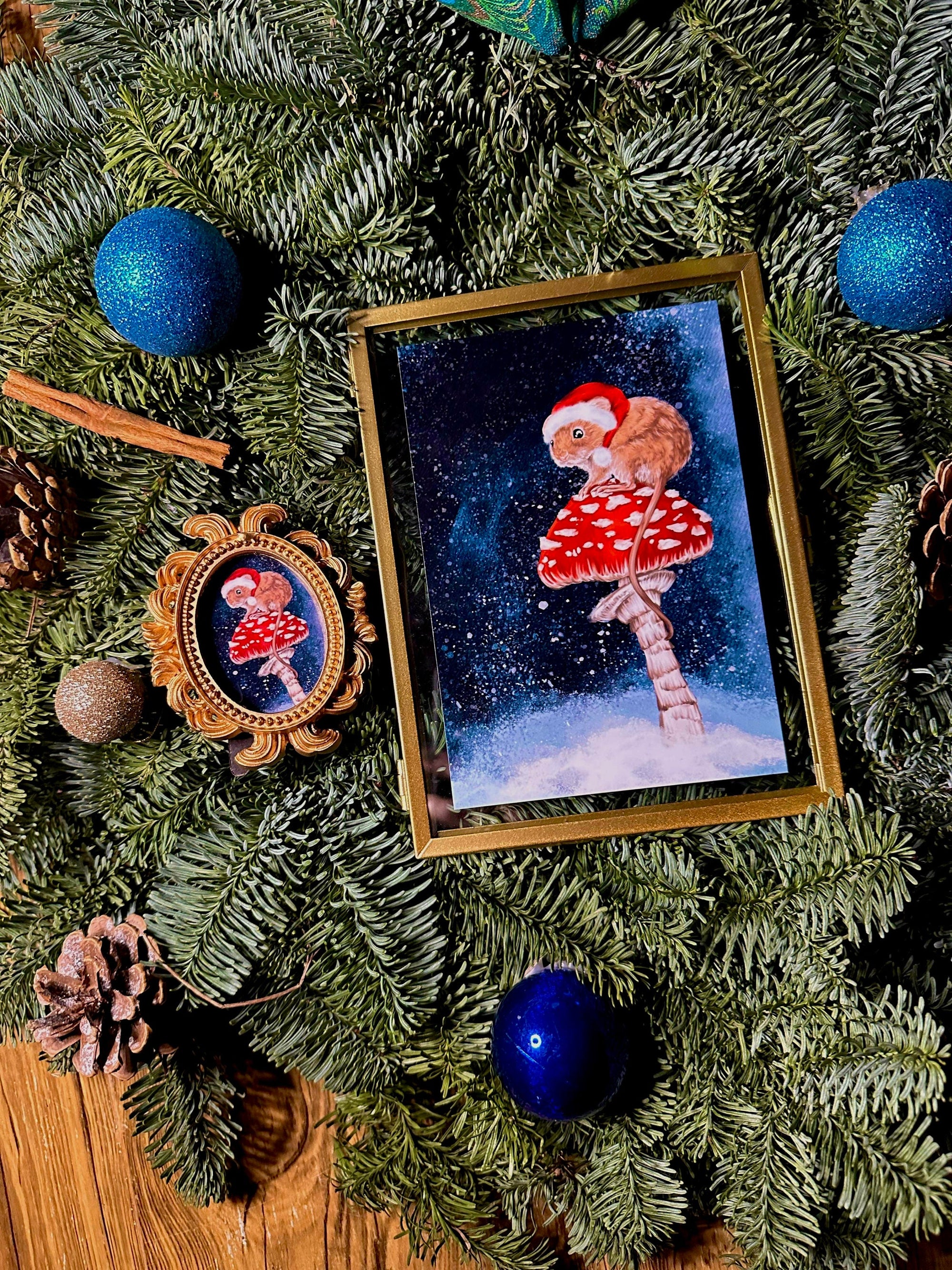 Winter snowy Christmas brown mouse on a mushroom art print illustration art decor wall decor mouse art forestcore mushroomcore cottagecore