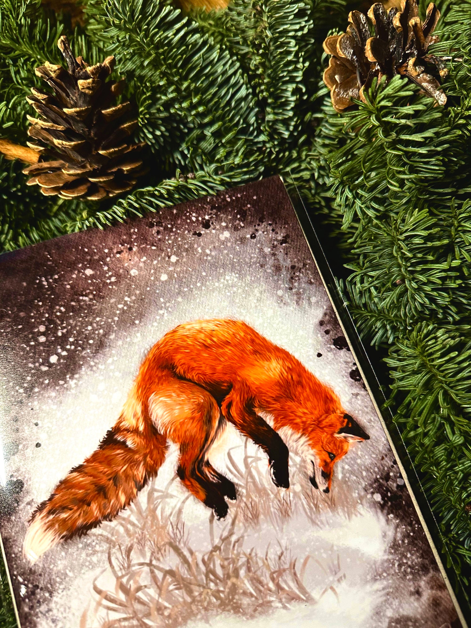 Winter snowy orange fox art print illustration art decor wall decor jumping playful fox print fix watercolour art print forestcore