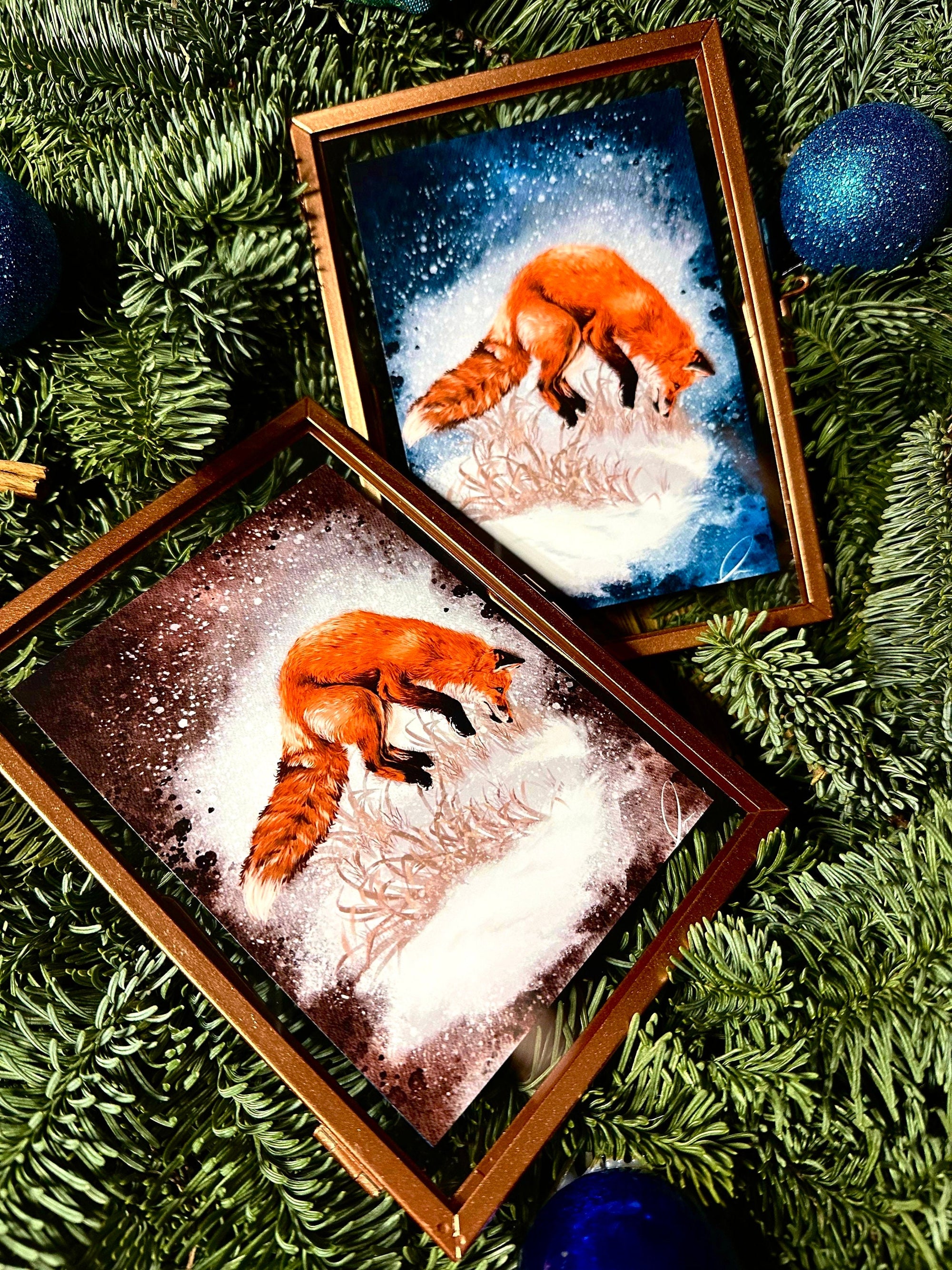 Winter snowy orange fox art print illustration art decor wall decor jumping playful fox print fix watercolour art print forestcore