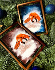 Winter snowy orange fox art print illustration art decor wall decor jumping playful fox print fix watercolour art print forestcore