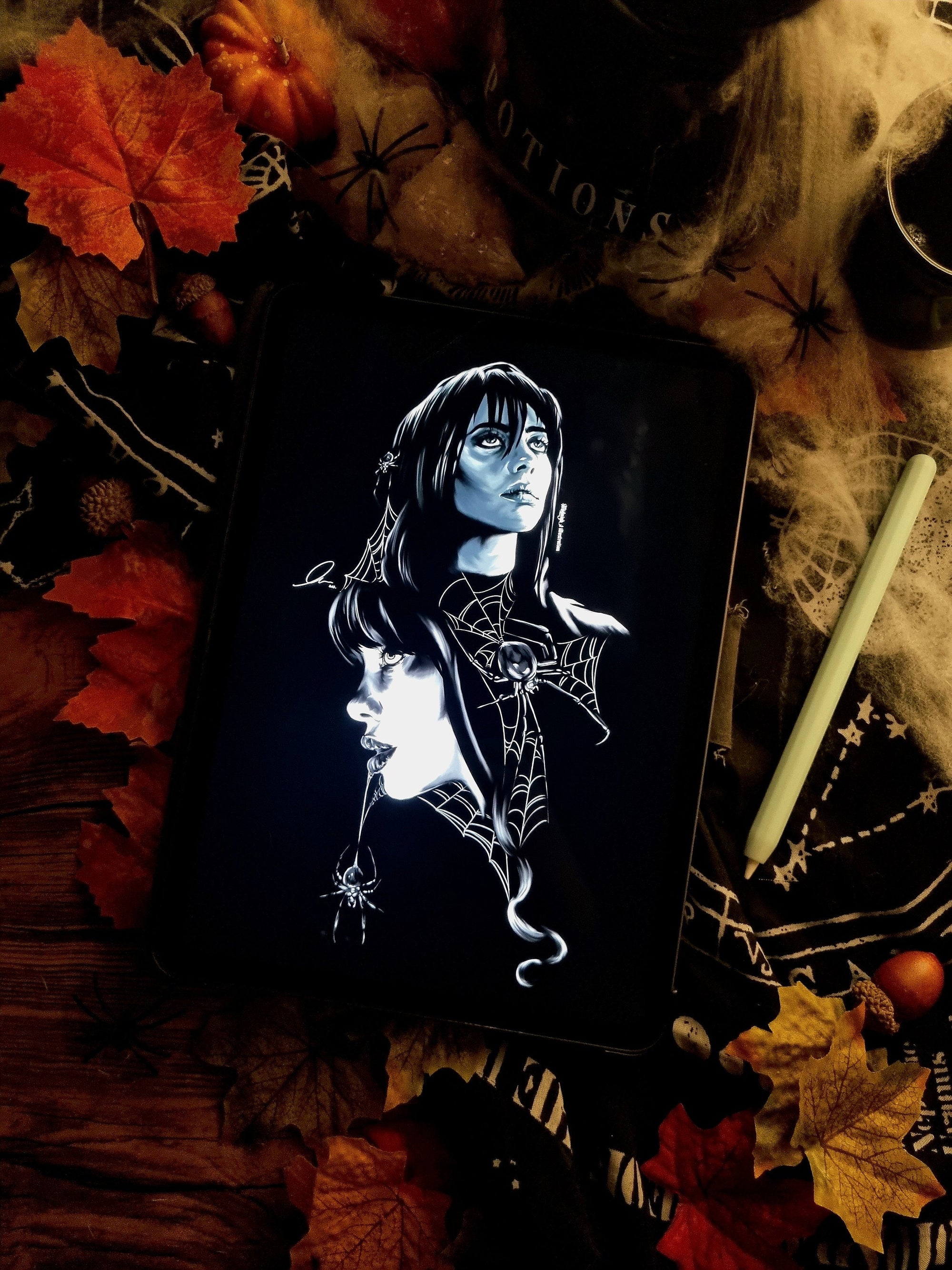 Black and white retro horror movie poster Billie Eillish inspired black widow spider art print wall art gothic decor