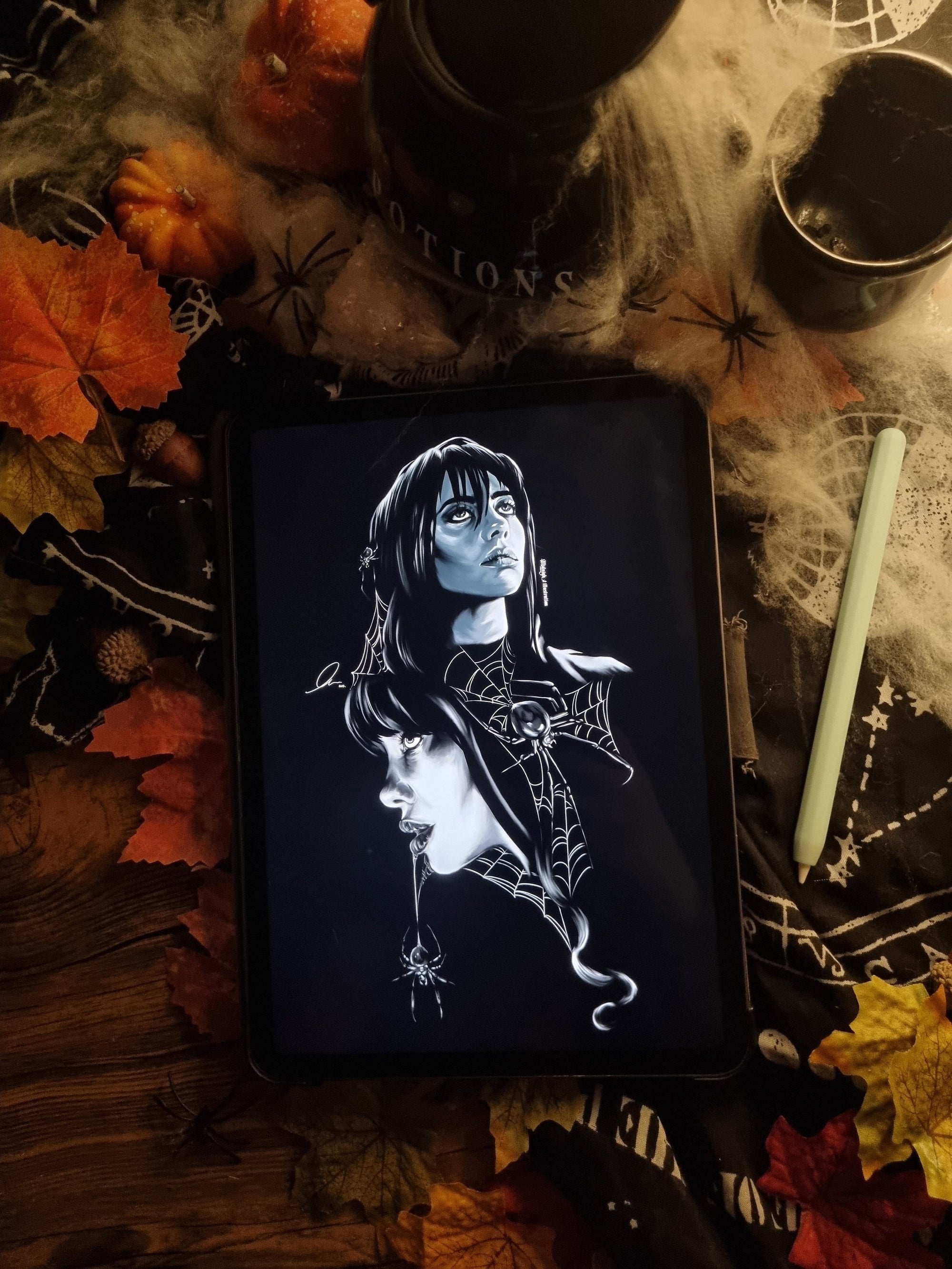 Black and white retro horror movie poster Billie Eillish inspired black widow spider art print wall art gothic decor