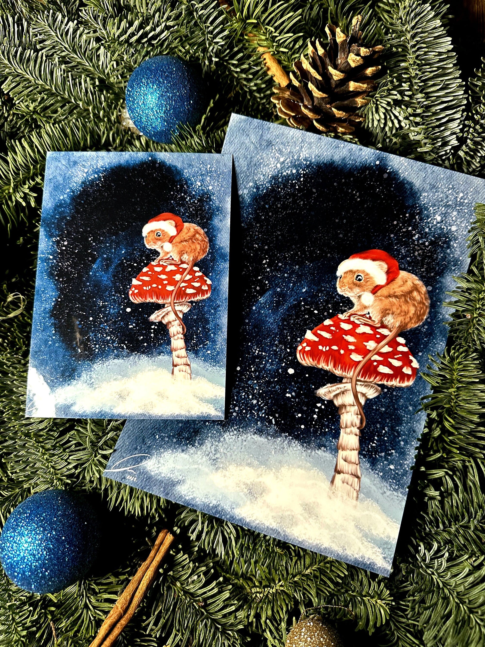 Winter snowy Christmas brown mouse on a mushroom art print illustration art decor wall decor mouse art forestcore mushroomcore cottagecore