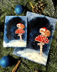 Winter snowy Christmas brown mouse on a mushroom art print illustration art decor wall decor mouse art forestcore mushroomcore cottagecore