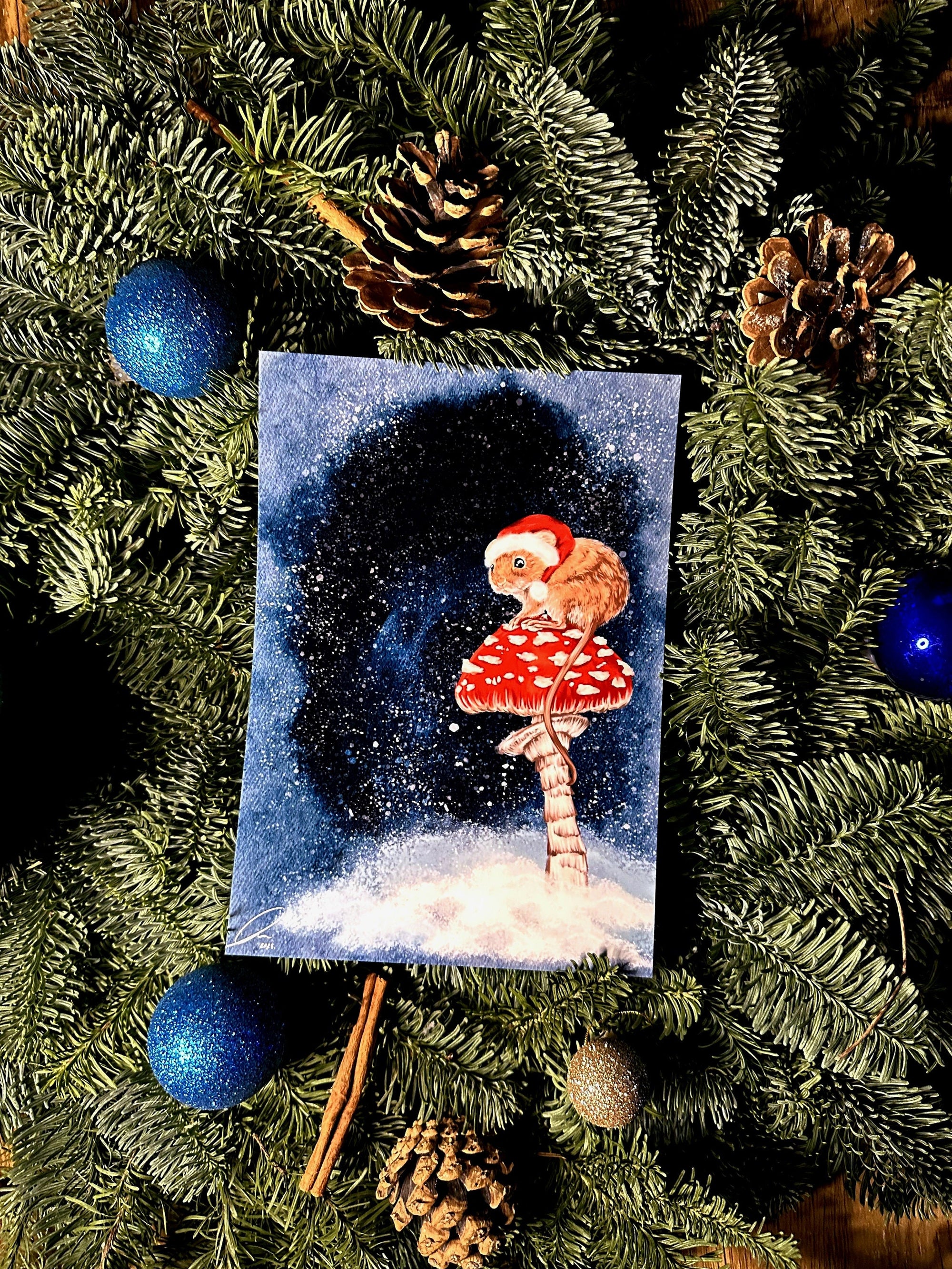 Winter snowy Christmas brown mouse on a mushroom art print illustration art decor wall decor mouse art forestcore mushroomcore cottagecore