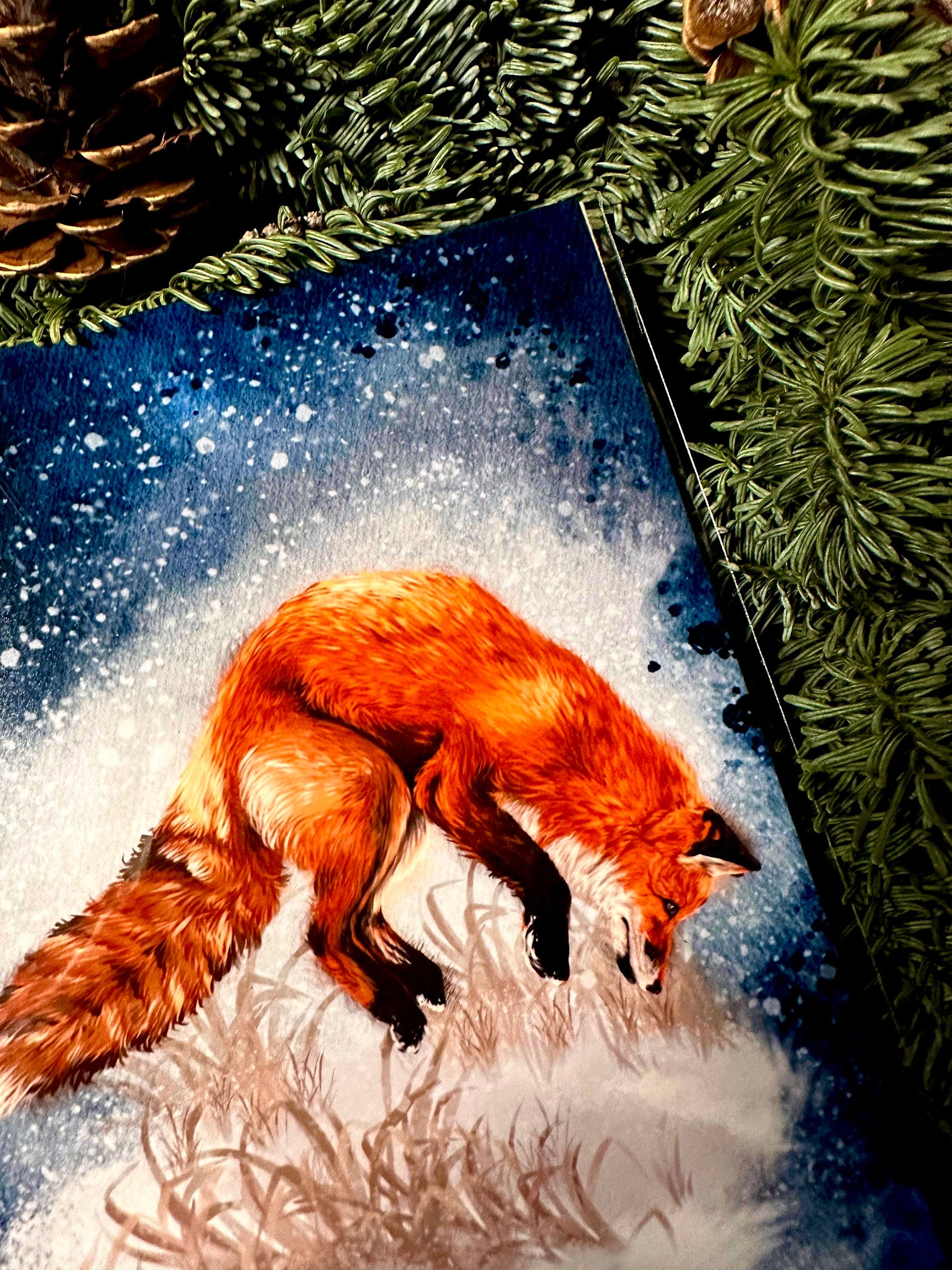 Winter snowy orange fox art print illustration art decor wall decor jumping playful fox print fix watercolour art print forestcore