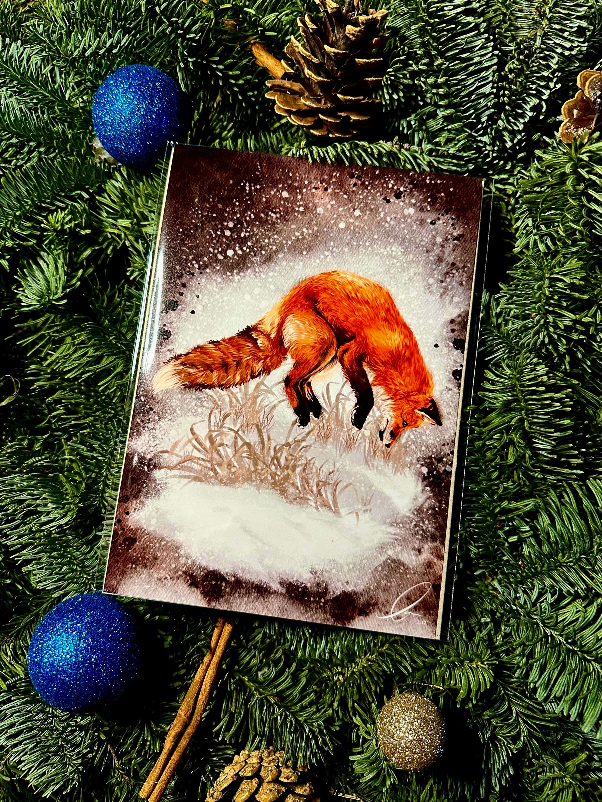 Winter snowy orange fox art print illustration art decor wall decor jumping playful fox print fix watercolour art print forestcore