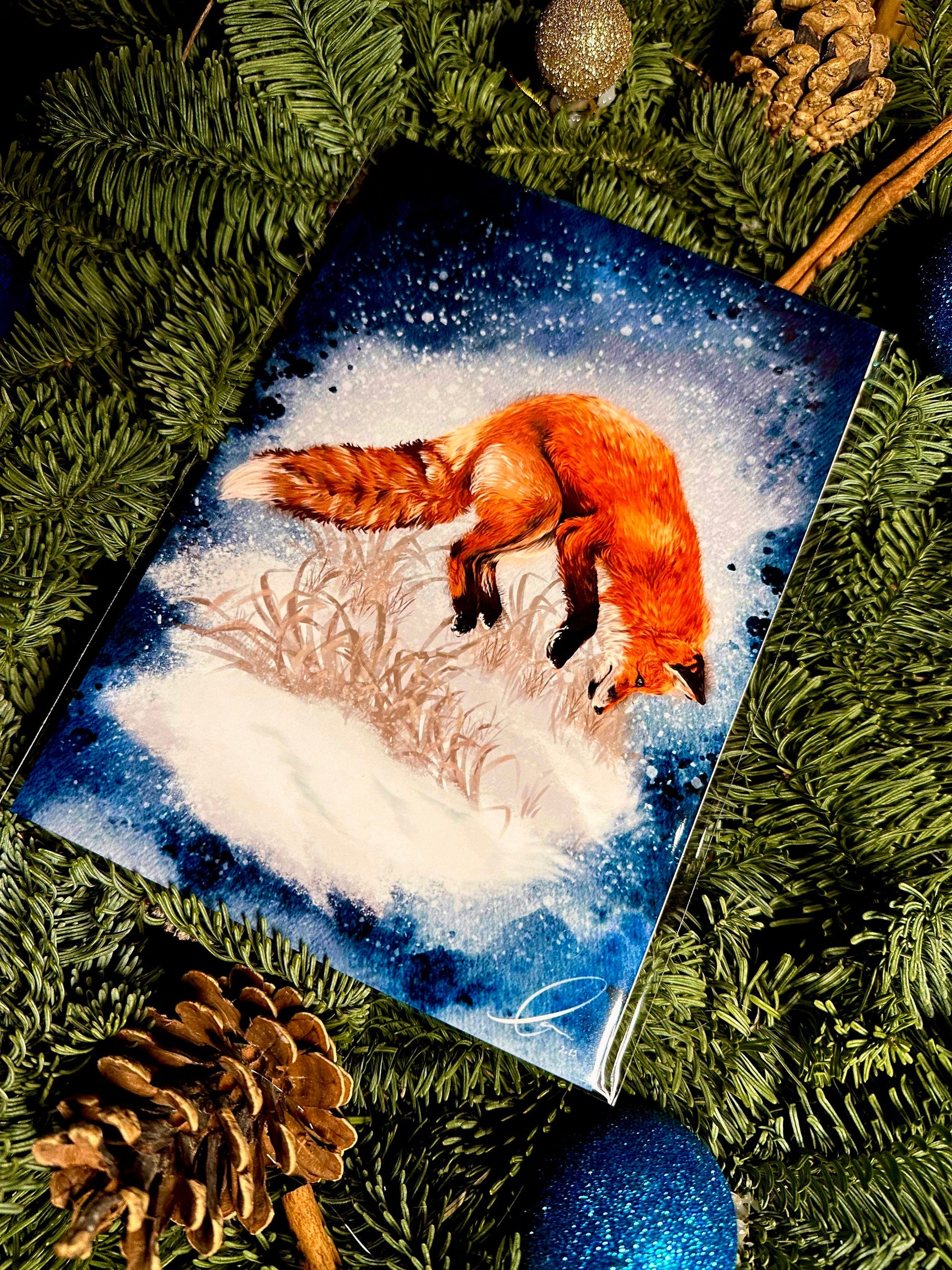 Winter snowy orange fox art print illustration art decor wall decor jumping playful fox print fix watercolour art print forestcore