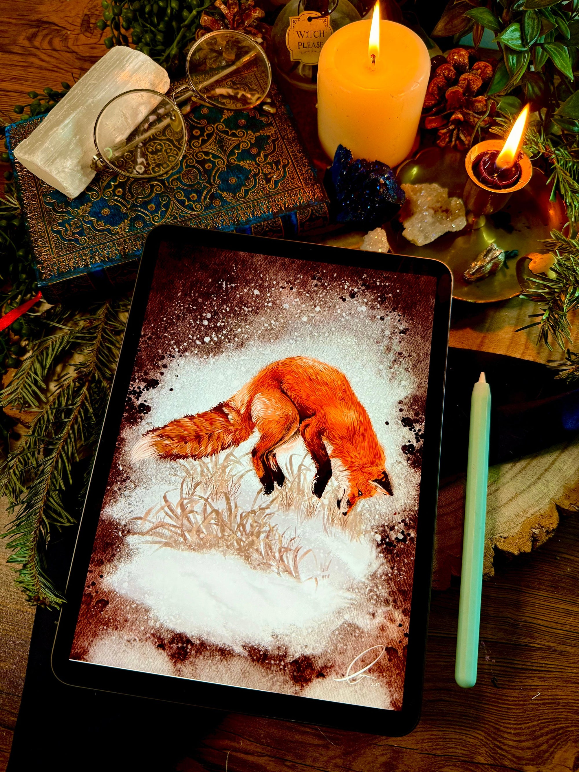 Winter snowy orange fox art print illustration art decor wall decor jumping playful fox print fix watercolour art print forestcore