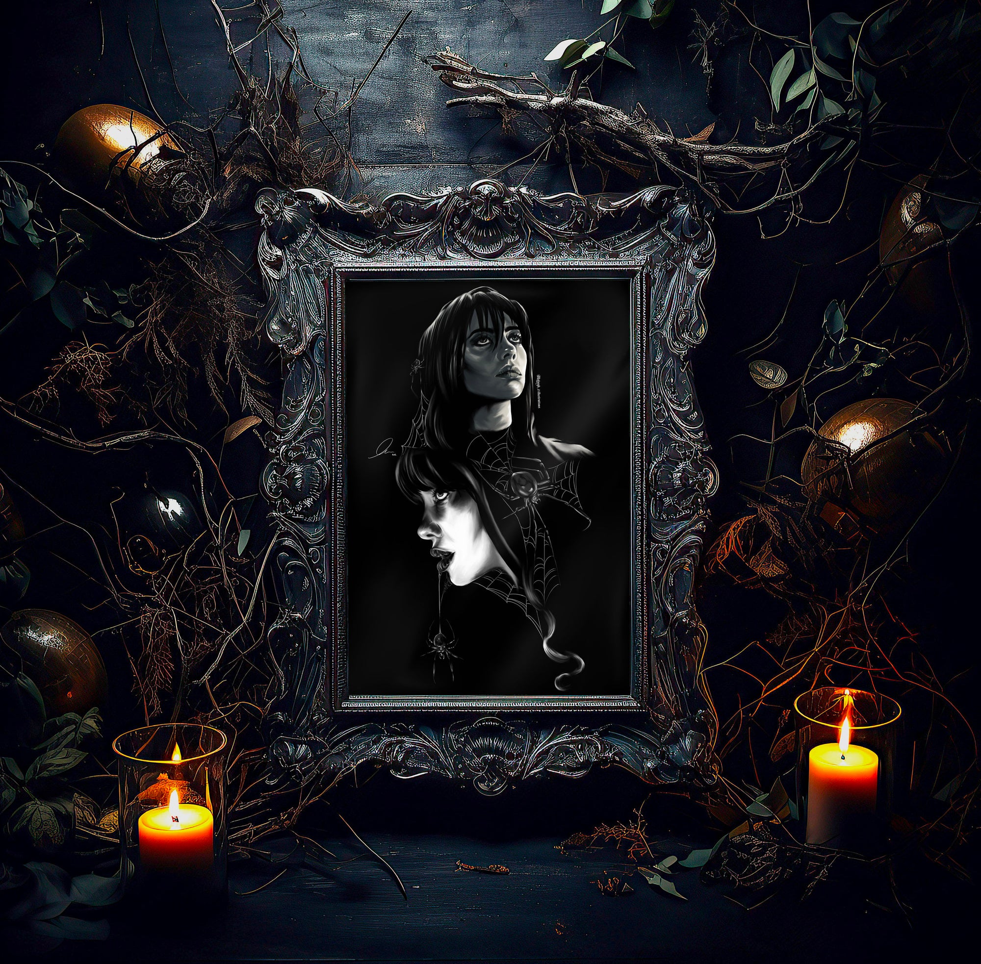 Black and white retro horror movie poster Billie Eillish inspired black widow spider art print wall art gothic decor