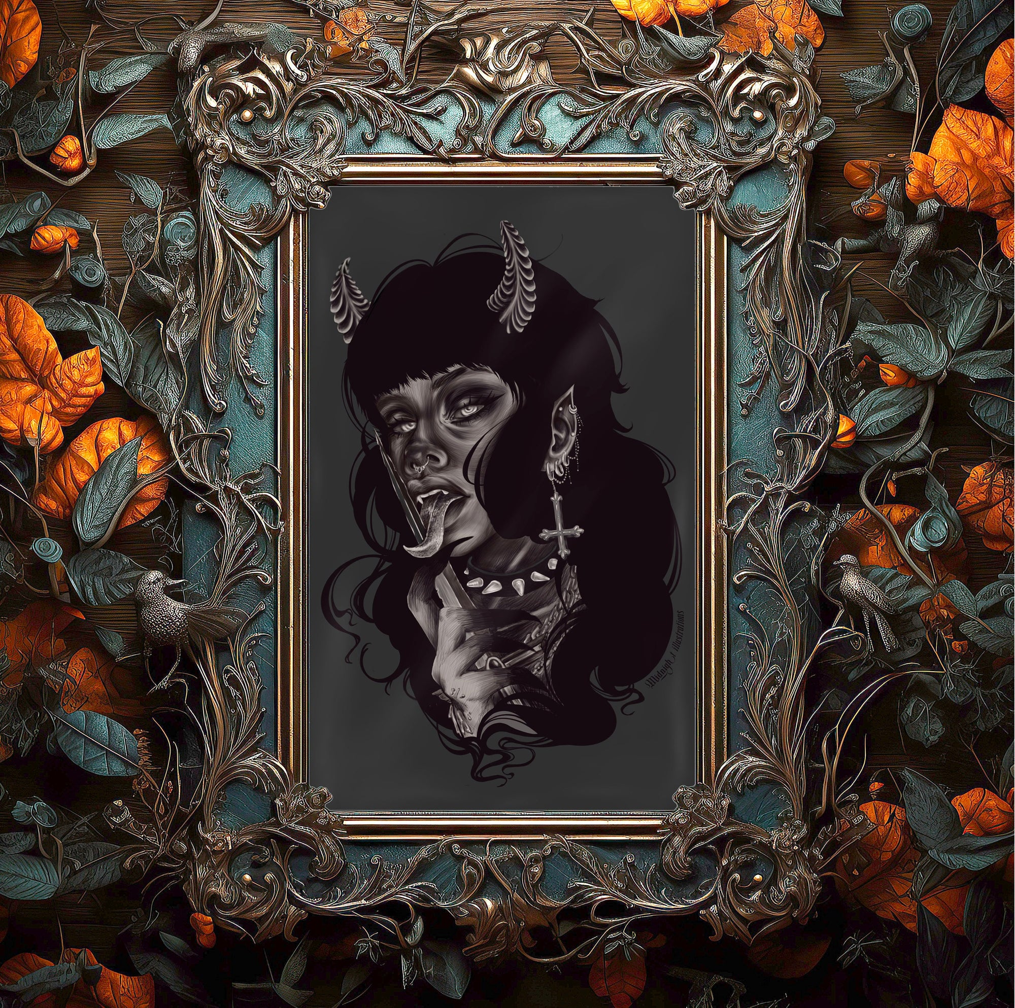 Devil demon tattoo Halloween sexy she devil bdsm female art illustration art print wall art alternative gothic home decor