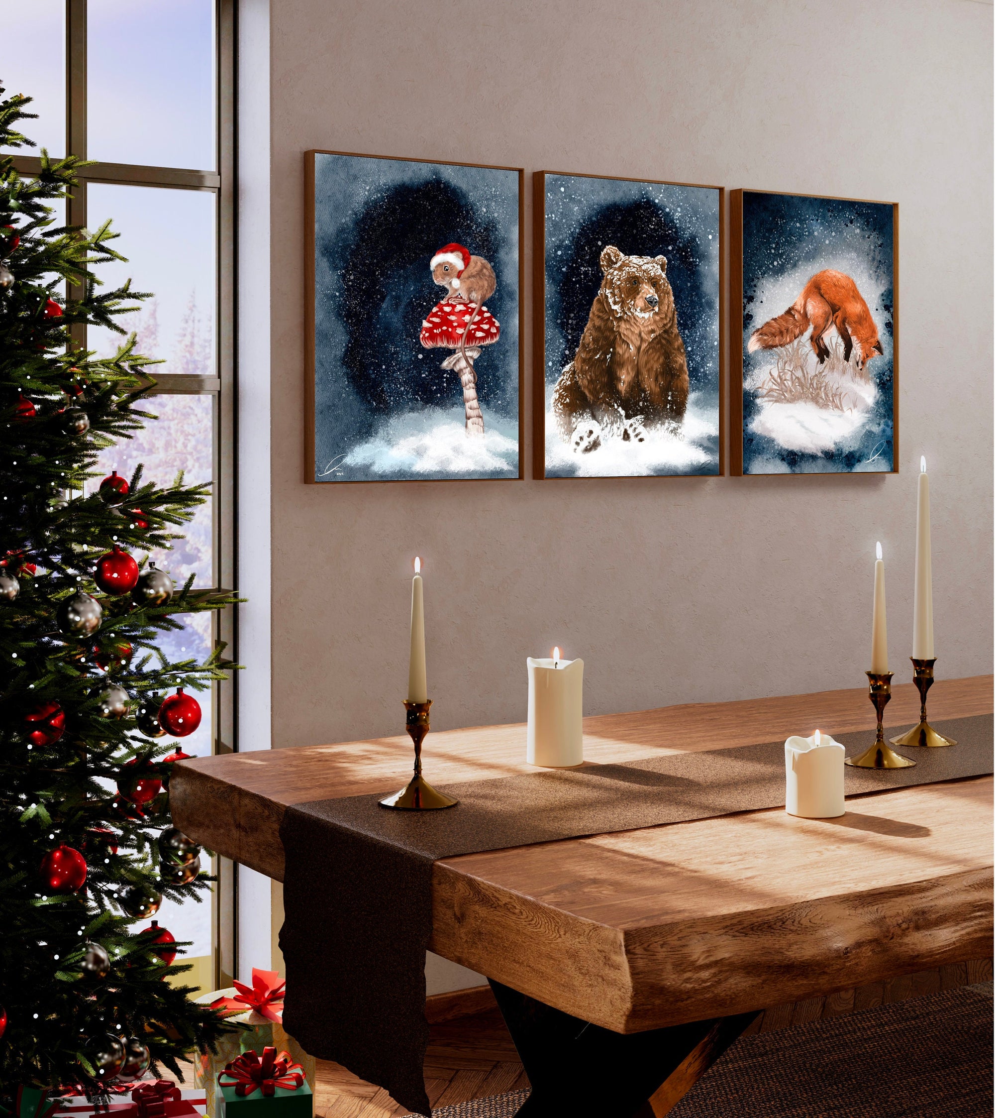 Winter snowy Christmas brown mouse on a mushroom art print illustration art decor wall decor mouse art forestcore mushroomcore cottagecore